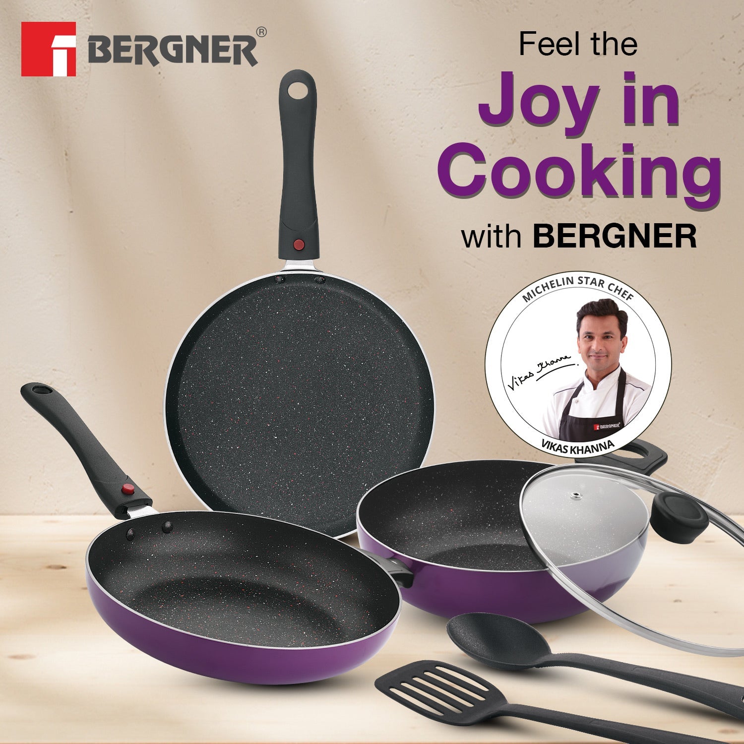 Bergner Sherry Plus Non-Stick 6 pcs Cookware Set, Detachable Handle - Induction Bottom (Purple)