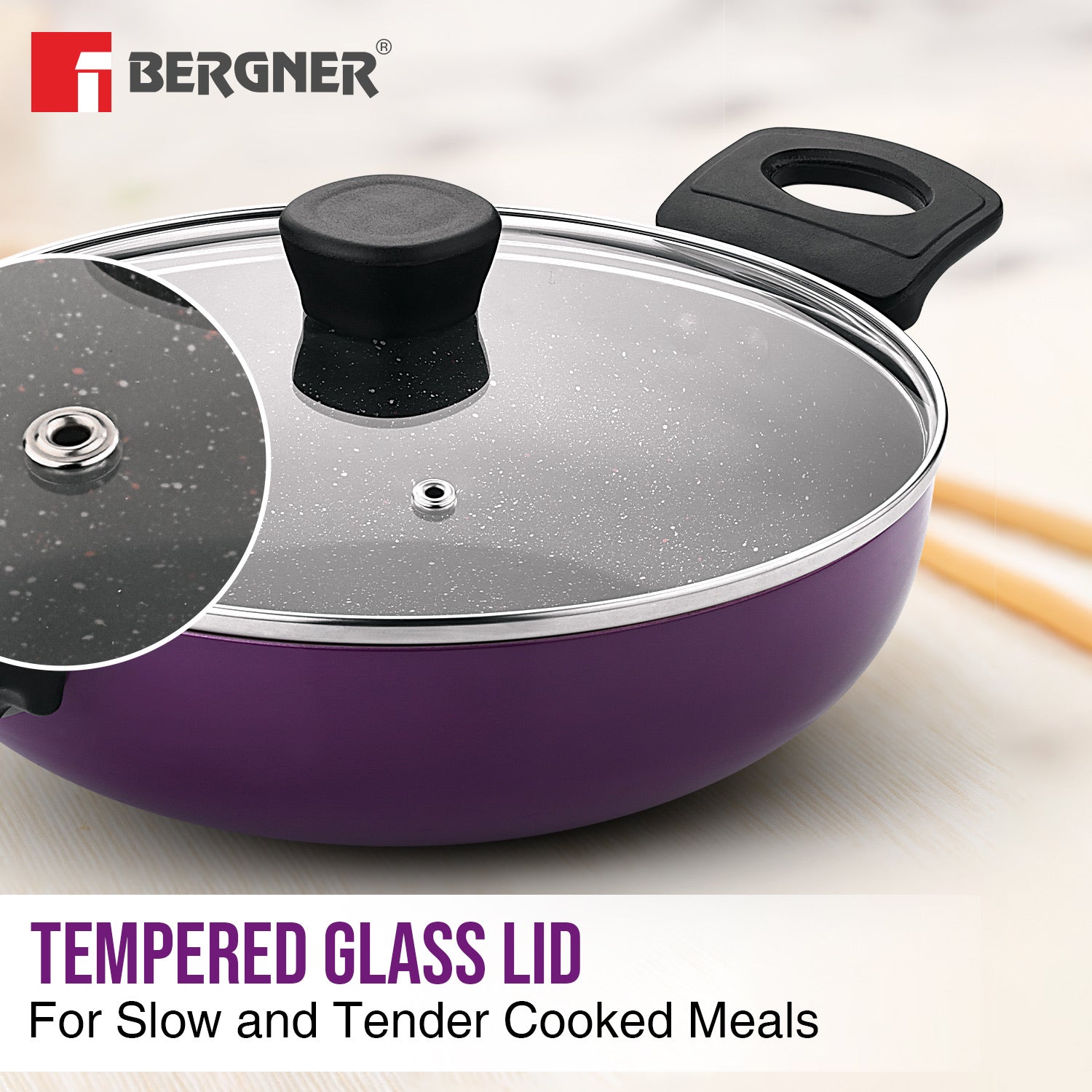 Bergner Sherry Plus Non-Stick 6 pcs Cookware Set, Detachable Handle - Induction Bottom (Purple)