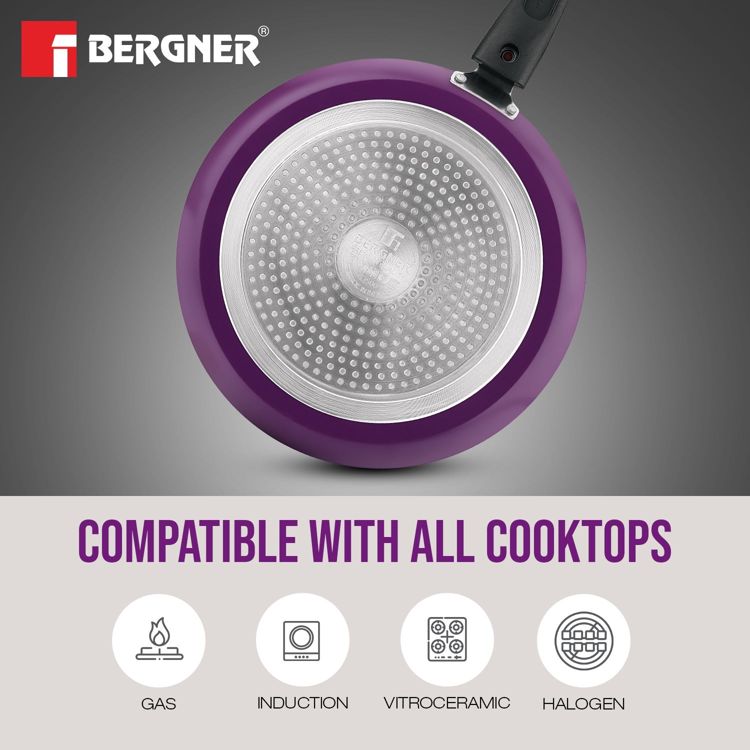 Bergner Sherry Plus Non-Stick 6 pcs Cookware Set, Detachable Handle - Induction Bottom (Purple)