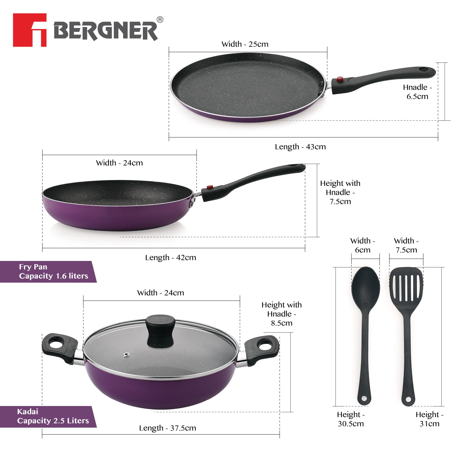 Bergner Sherry Plus Non-Stick 6 pcs Cookware Set, Detachable Handle - Induction Bottom (Purple)