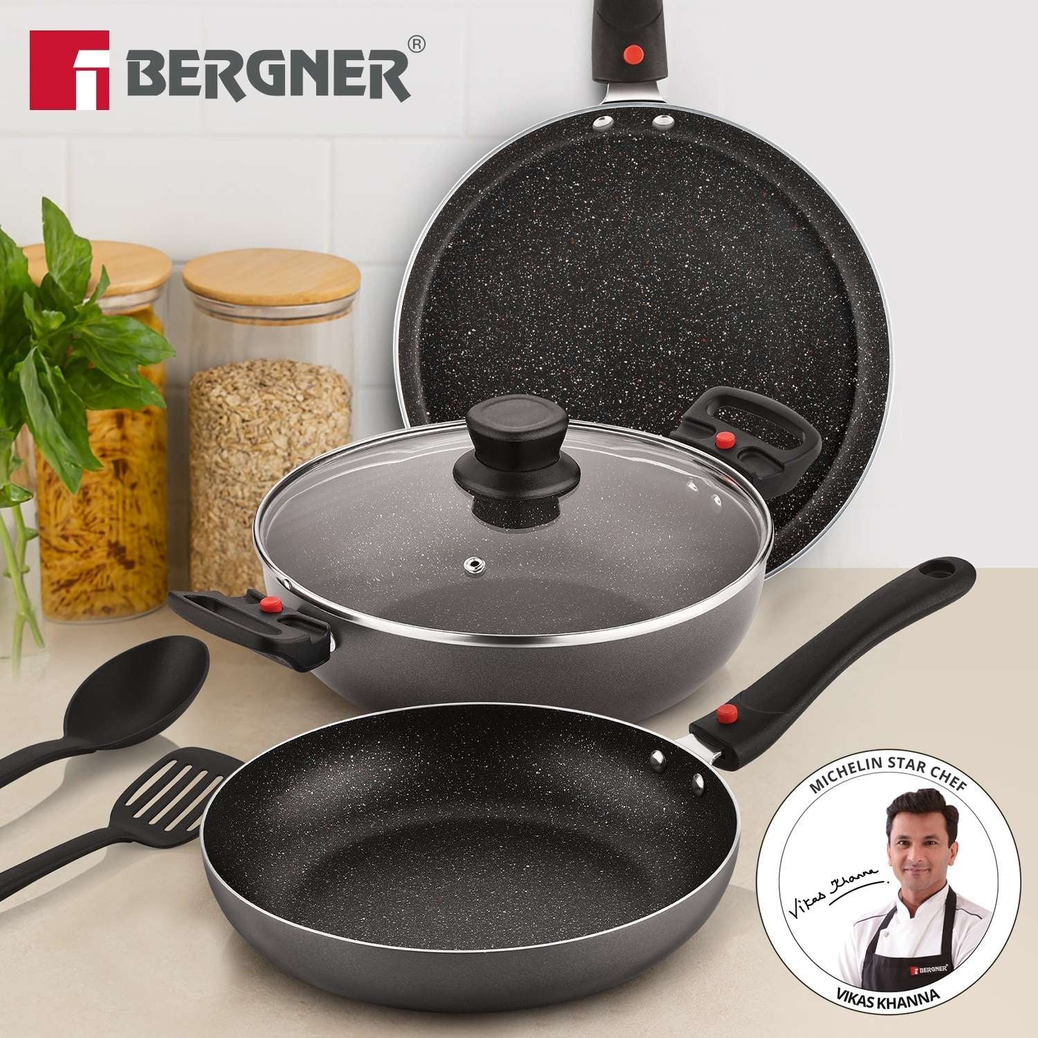Bergner Sherry Plus 5-Layer Non-Stick 6 Pcs Induction Cookware Set (Grey)