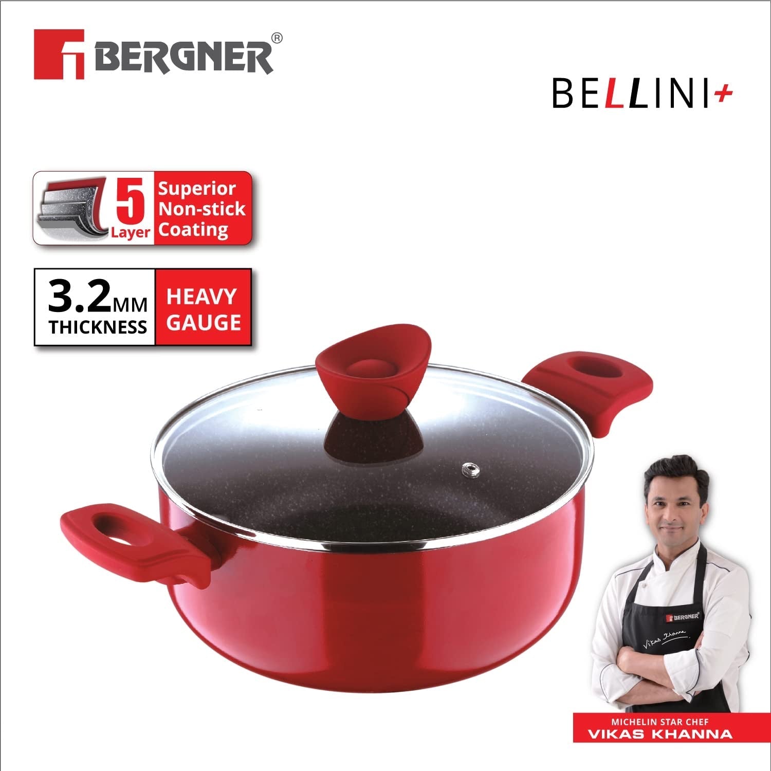 Bergner Bellini Plus 5-Layer Non-Stick Biryani Pot with Glass Lid, Thickness 3.2mm - Induction Bottom (1-Year Warranty)