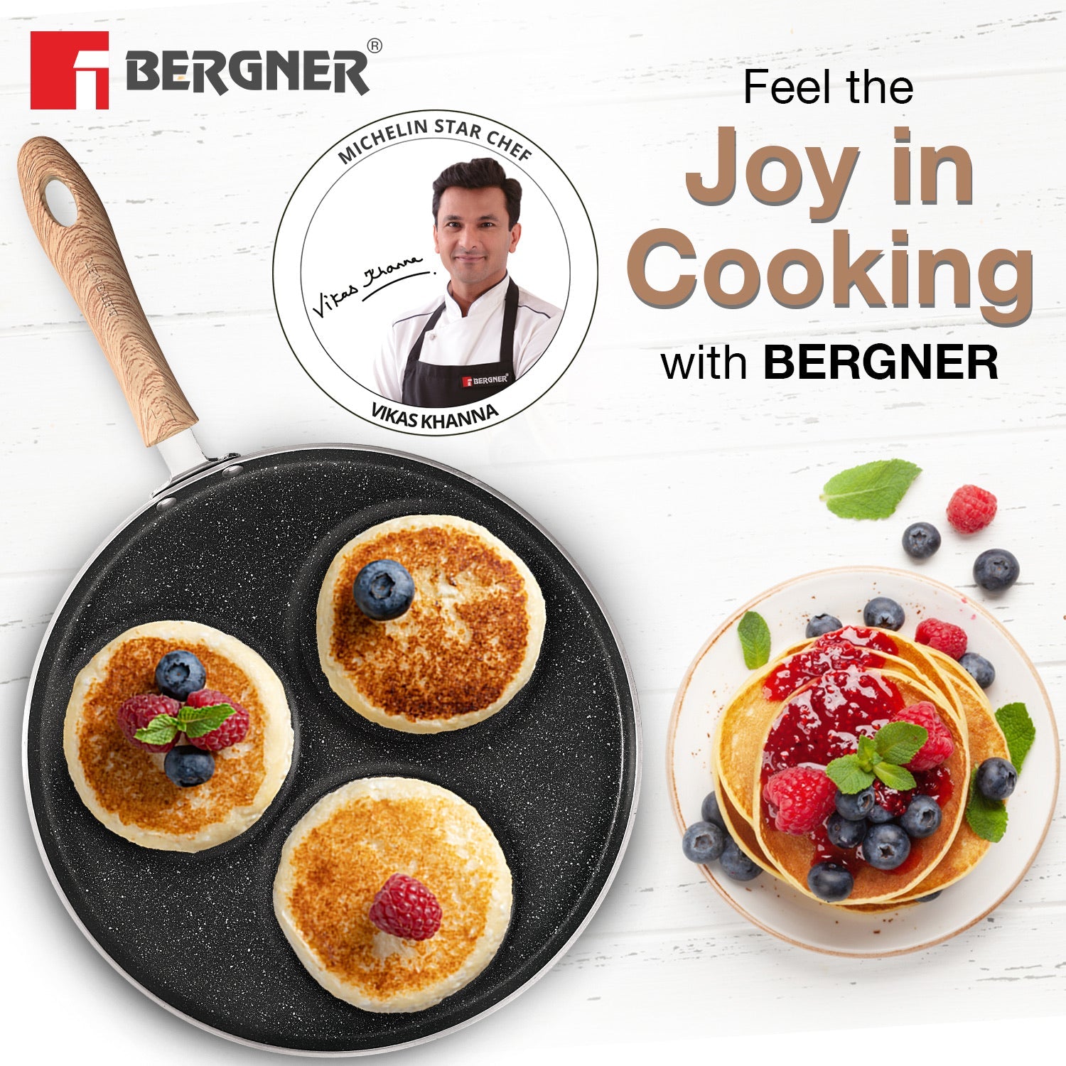 Bergner Bellini Plus Aura 5-Layer Non-Stick 3 PIT Uttapam Tawa with Wooden Finish Soft Touch Handle, PFOA Free, Durable - Gas Stove Ready