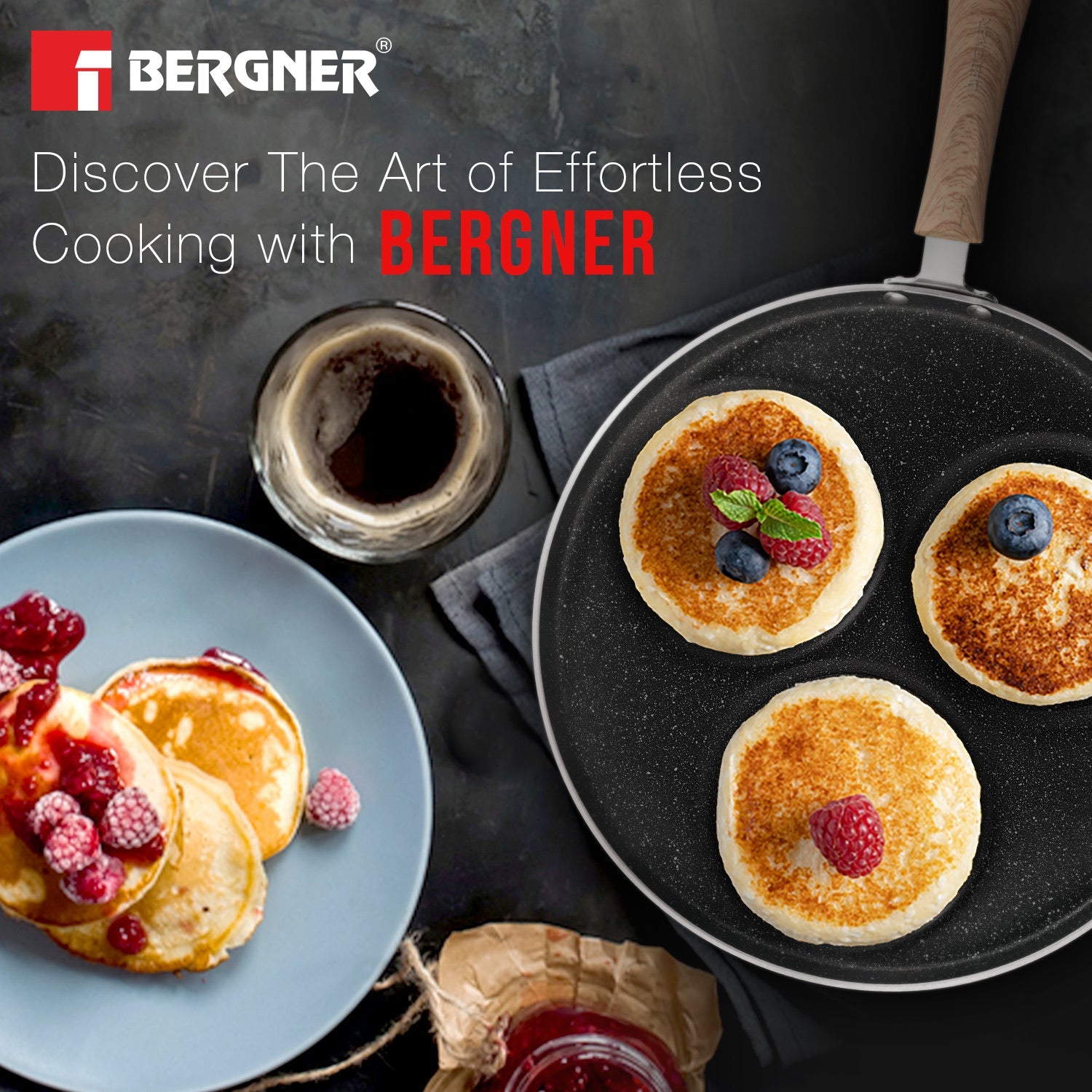 Bergner Bellini Plus Aura 5-Layer Non-Stick 3 PIT Uttapam Tawa with Wooden Finish Soft Touch Handle, PFOA Free, Durable - Gas Stove Ready