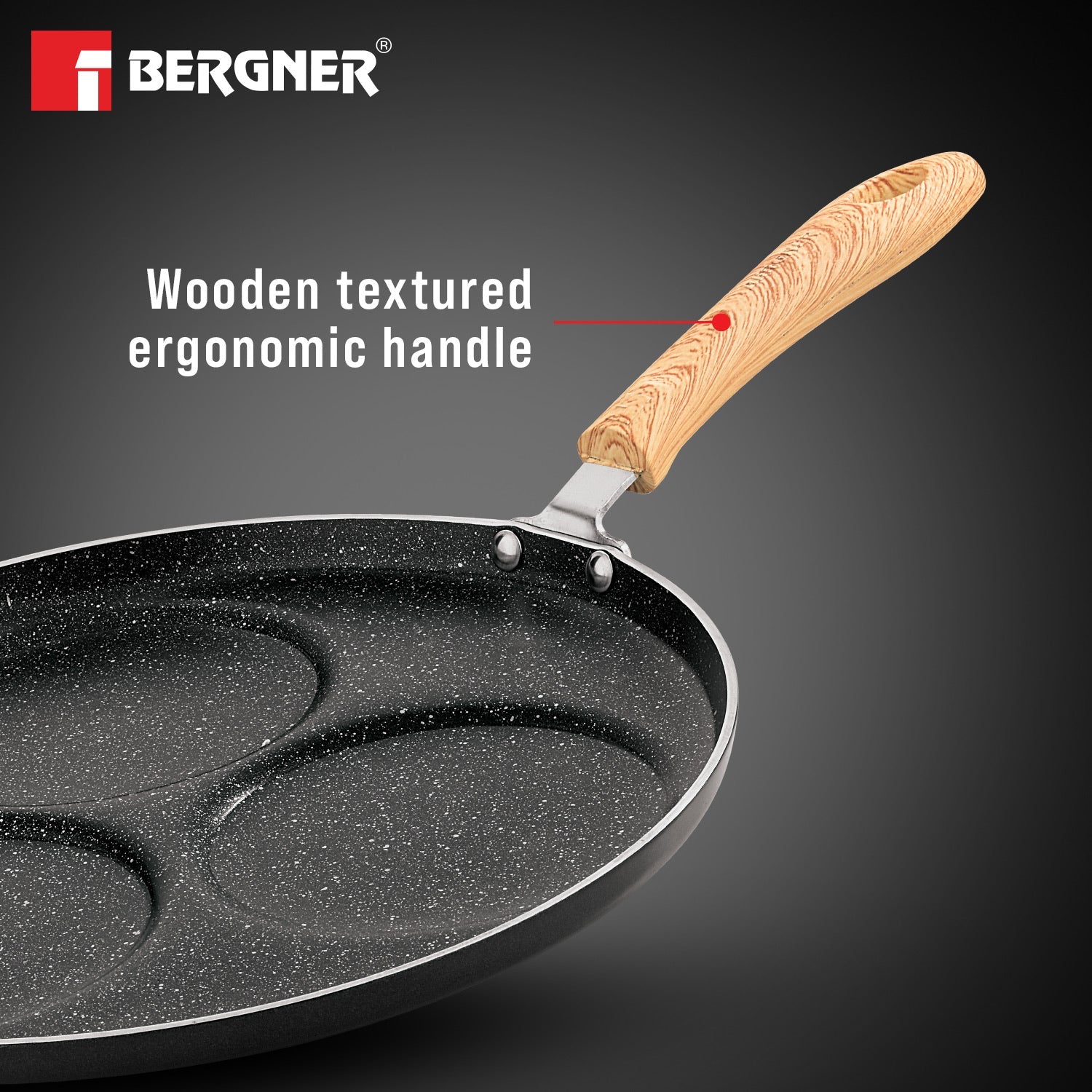 Bergner Bellini Plus Aura 5-Layer Non-Stick 3 PIT Uttapam Tawa with Wooden Finish Soft Touch Handle, PFOA Free, Durable - Gas Stove Ready