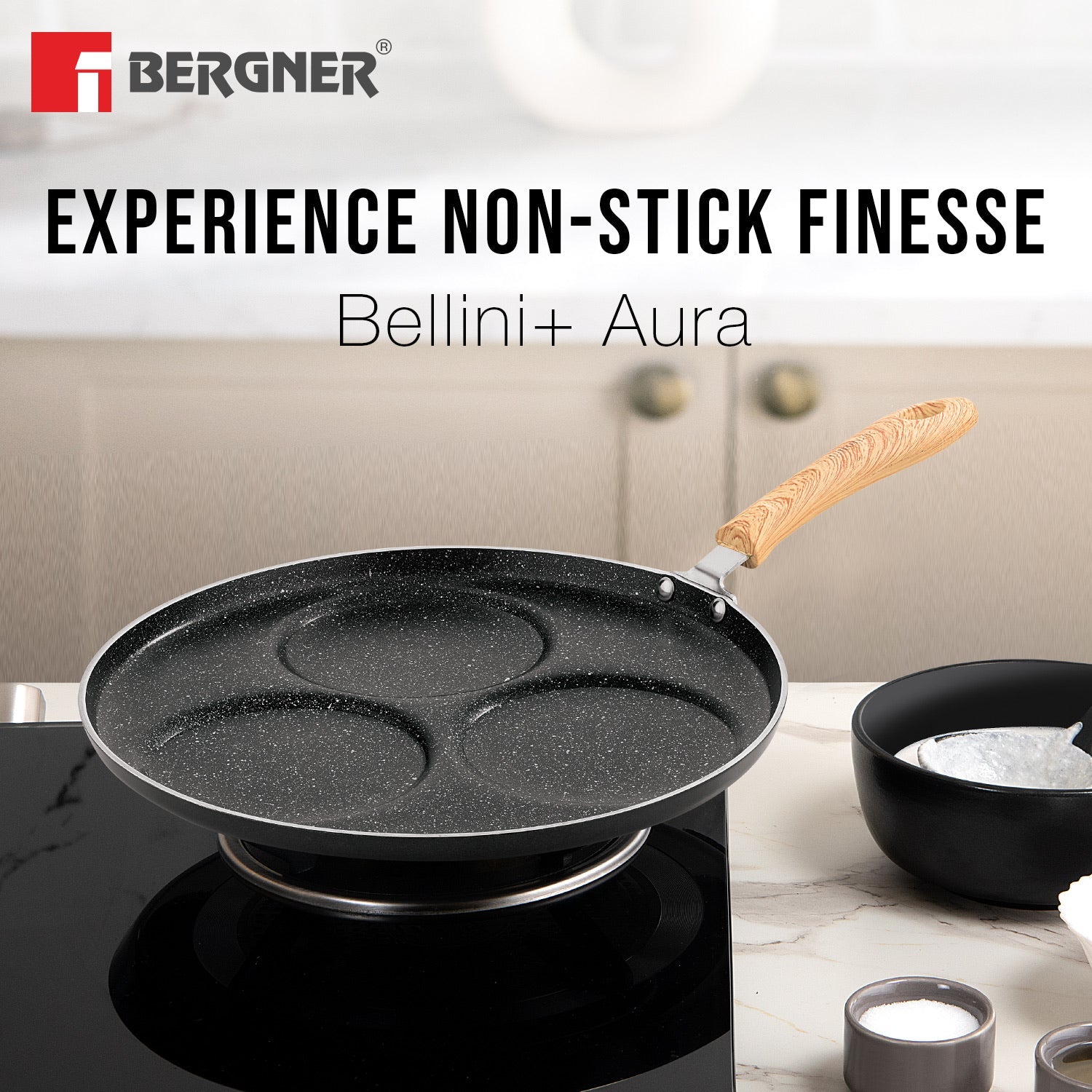 Bergner Bellini Plus Aura 5-Layer Non-Stick 3 PIT Uttapam Tawa with Wooden Finish Soft Touch Handle, PFOA Free, Durable - Gas Stove Ready