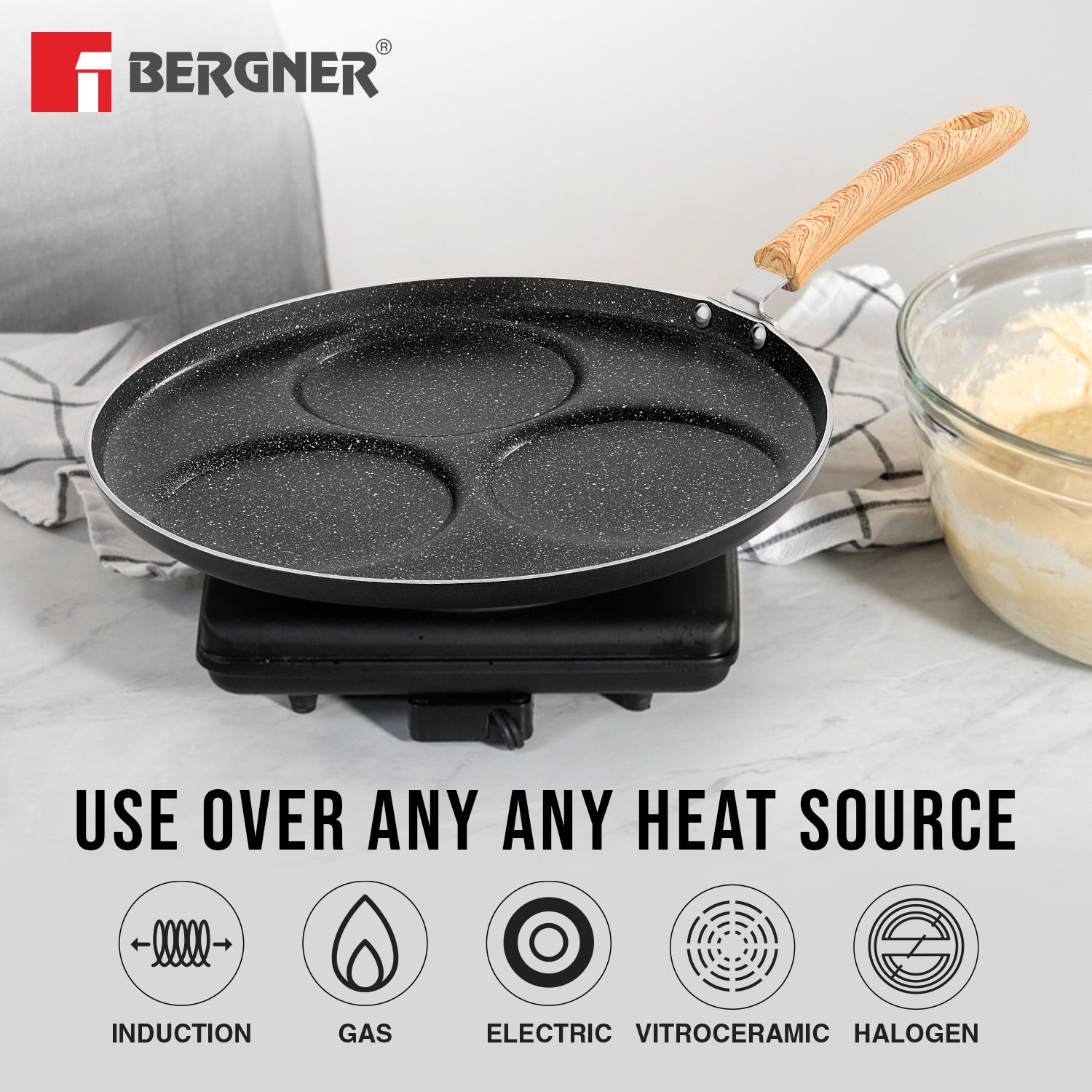 Bergner Bellini Plus Aura 5-Layer Non-Stick 3 PIT Uttapam Tawa with Wooden Finish Soft Touch Handle, PFOA Free, Durable - Gas Stove Ready