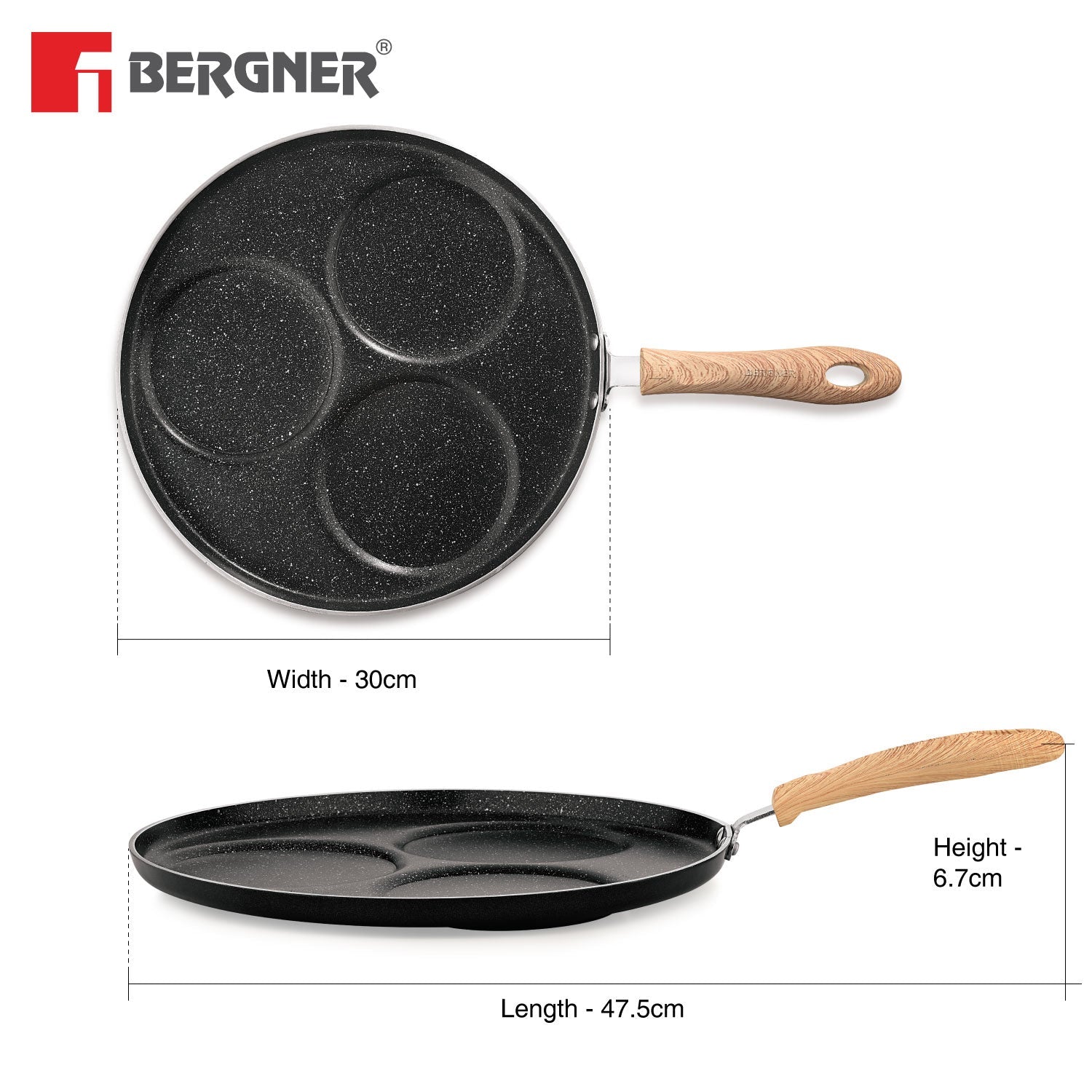 Bergner Bellini Plus Aura 5-Layer Non-Stick 3 PIT Uttapam Tawa with Wooden Finish Soft Touch Handle, PFOA Free, Durable - Gas Stove Ready