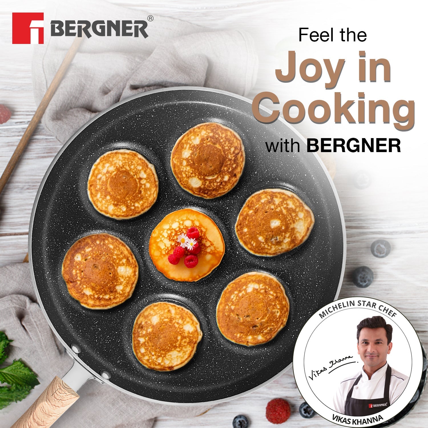 Bergner Bellini Plus Aura 5-Layer Non-Stick 7 PIT Uttapam Tawa with Wooden Finish Soft Touch Handle, PFOA Free, Durable - Gas Stove Ready