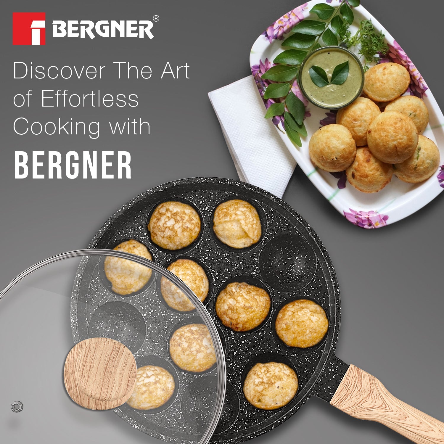 Bergner Bellini Plus Aura Non-Stick Appam Patra with Glass Lid, Gas Stove Compatible