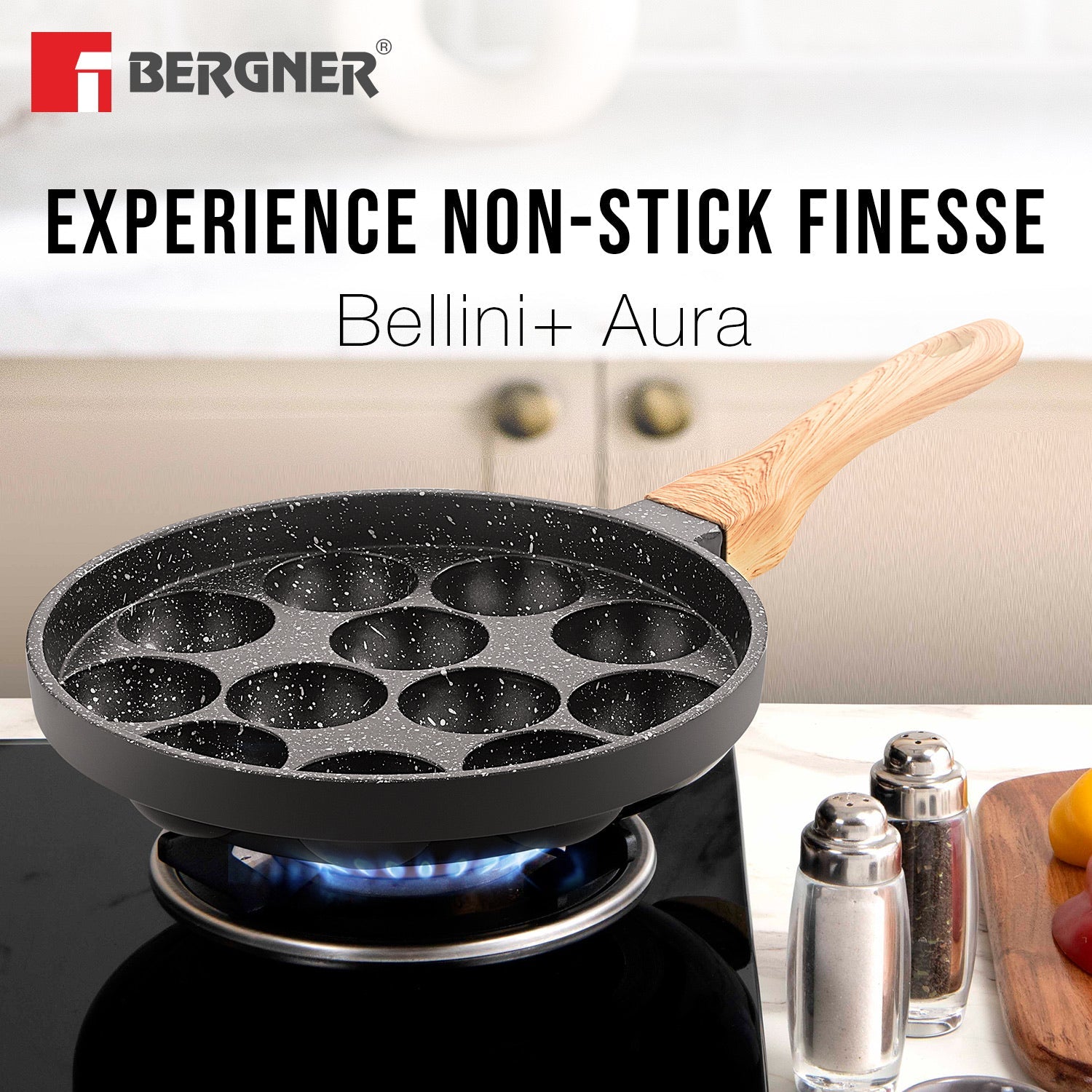 Bergner Bellini Plus Aura Non-Stick Appam Patra with Glass Lid, Gas Stove Compatible