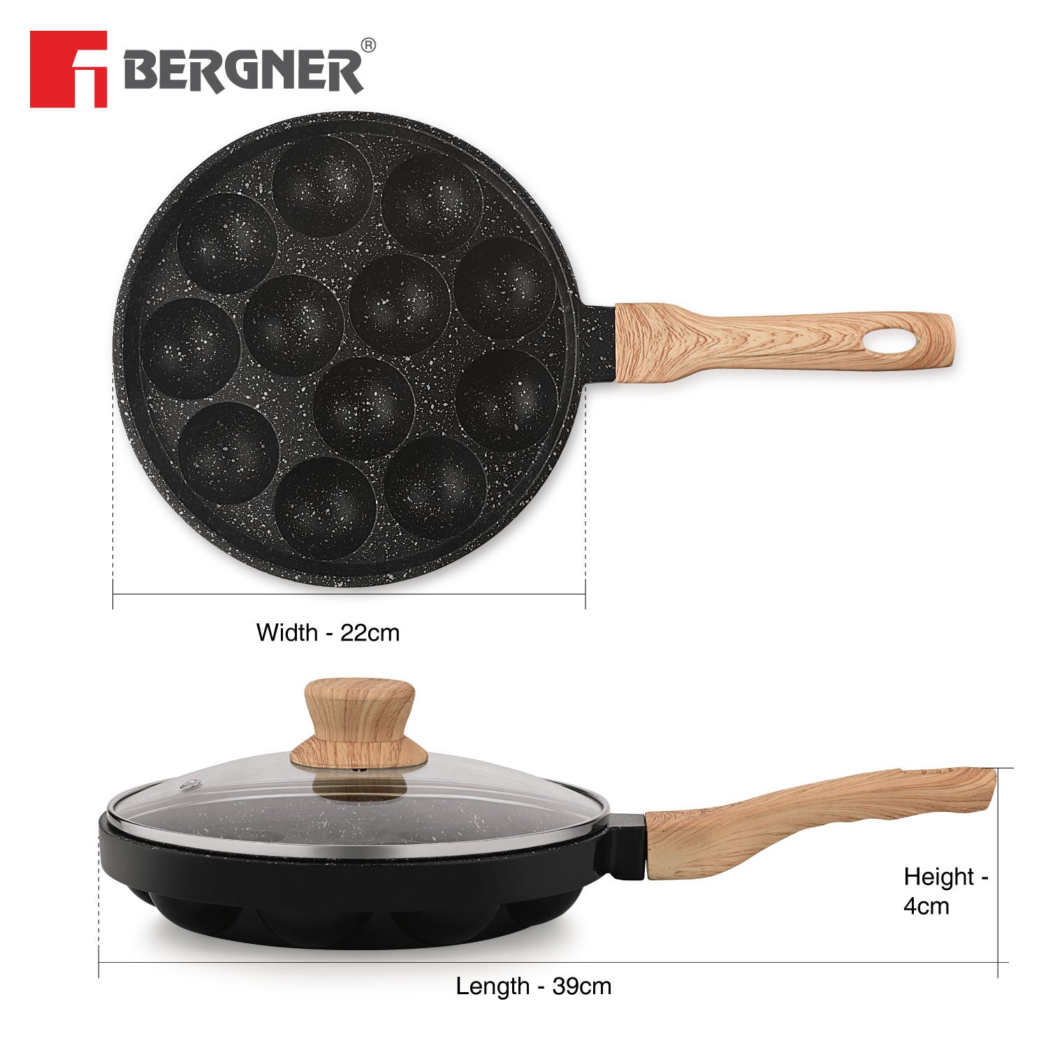 Bergner Bellini Plus Aura Non-Stick Appam Patra with Glass Lid, Gas Stove Compatible