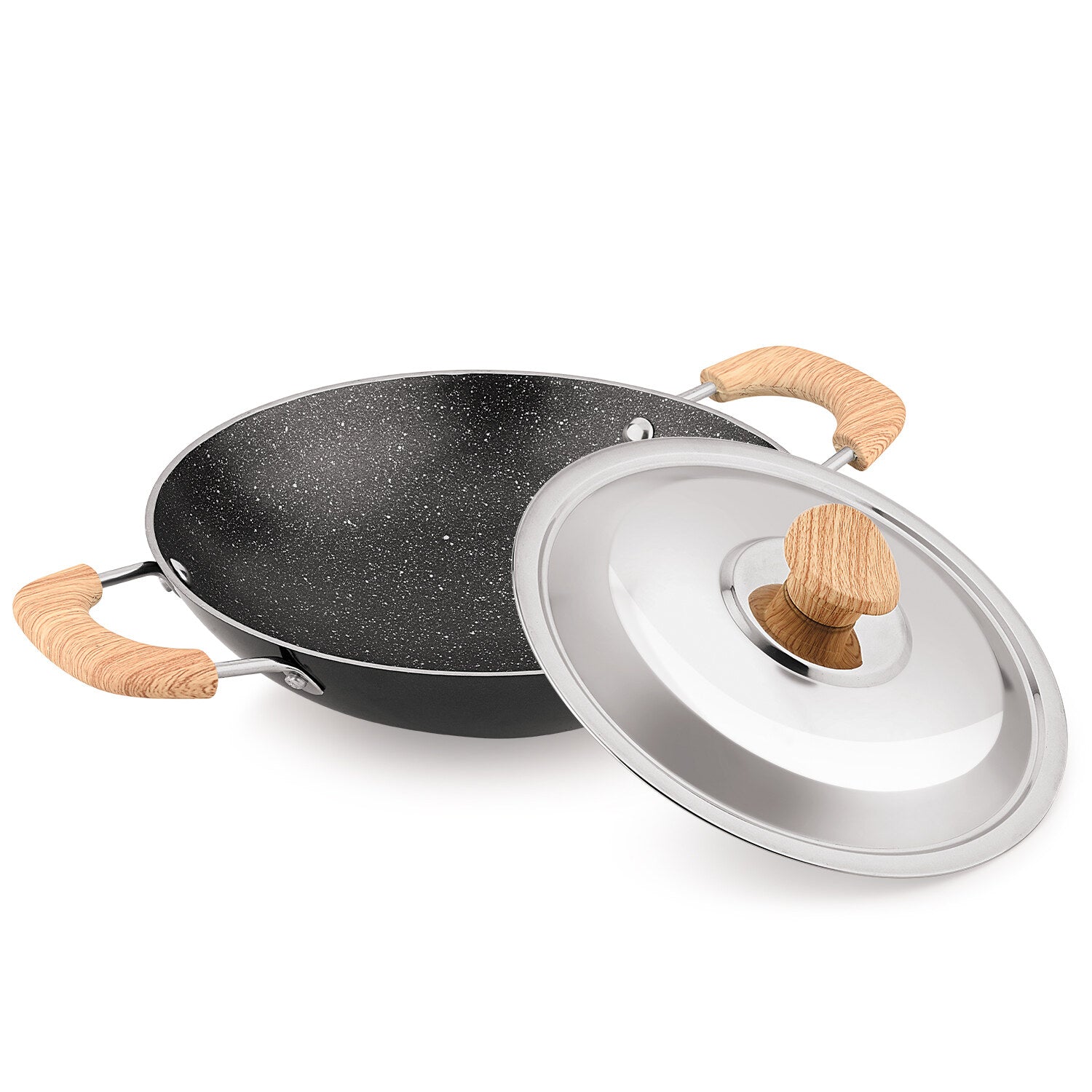 Bergner Bellini Plus Aura 5-Layer Non-Stick 20cm Appachetty with Stainless Steel Lid, Wooden Finish Soft Touch Handle, Even Heat Distribution - Gas Stove Compatible