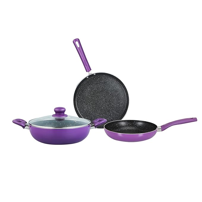 Bergner Albarino Non-Stick 4 Pcs Cookware Set - 24cm (2.5 L) Kadai with Glass Lid, 24cm Frypan and 28cm Tawa, Bakelite Handle, Minimal Oil Use - Induction Bottom (Purple)