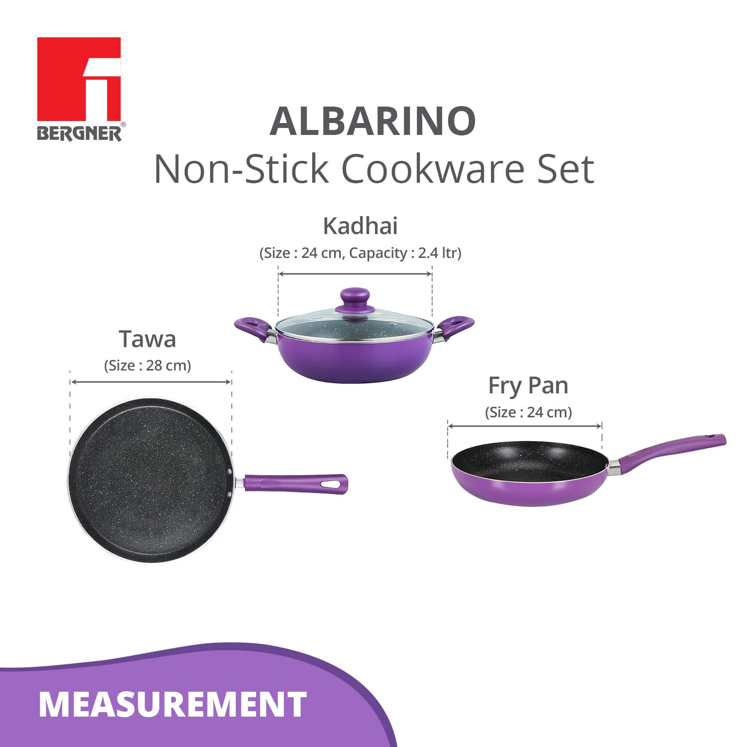 Bergner Albarino Non-Stick 4 Pcs Cookware Set - 24cm (2.5 L) Kadai with Glass Lid, 24cm Frypan and 28cm Tawa, Bakelite Handle, Minimal Oil Use - Induction Bottom (Purple)