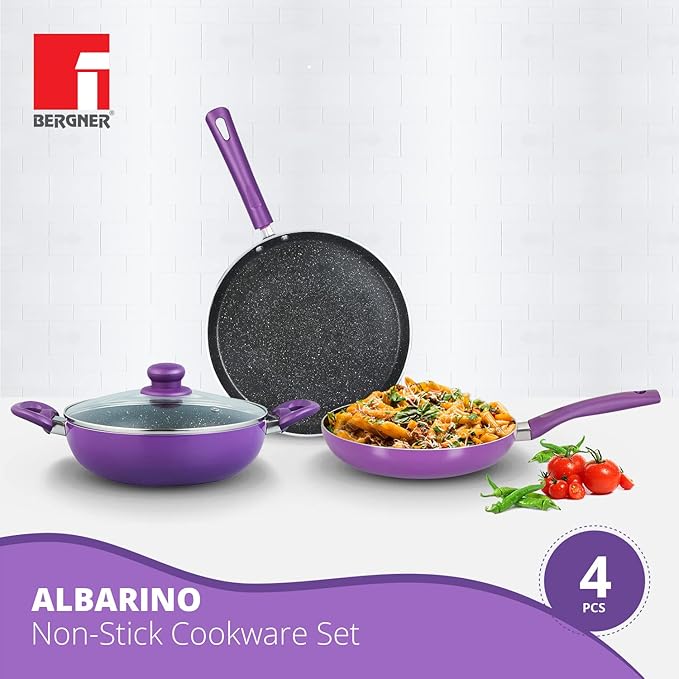 Bergner Albarino Non-Stick 4 Pcs Cookware Set - 24cm (2.5 L) Kadai with Glass Lid, 24cm Frypan and 28cm Tawa, Bakelite Handle, Minimal Oil Use - Induction Bottom (Purple)