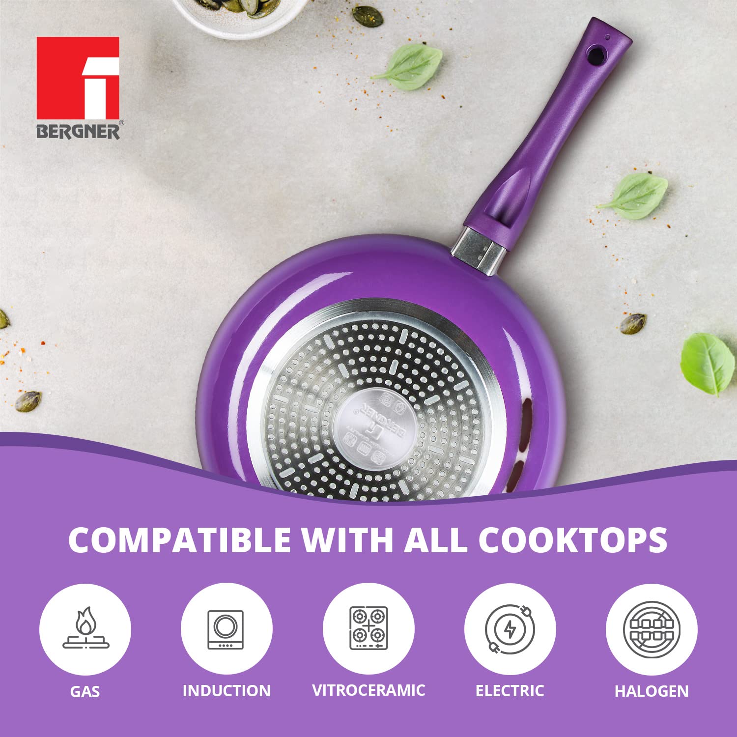 Bergner Albarino Non-Stick 4 Pcs Cookware Set - 24cm (2.5 L) Kadai with Glass Lid, 24cm Frypan and 28cm Tawa, Bakelite Handle, Minimal Oil Use - Induction Bottom (Purple)