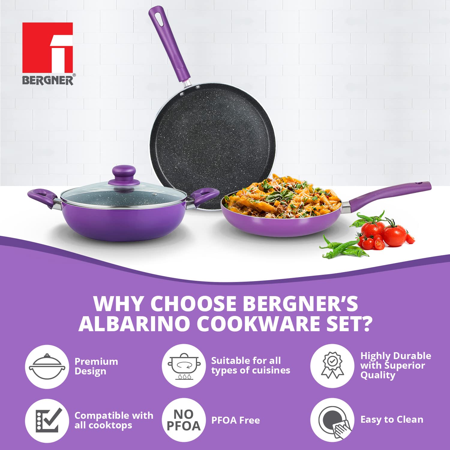 Bergner Albarino Non-Stick 4 Pcs Cookware Set - 24cm (2.5 L) Kadai with Glass Lid, 24cm Frypan and 28cm Tawa, Bakelite Handle, Minimal Oil Use - Induction Bottom (Purple)