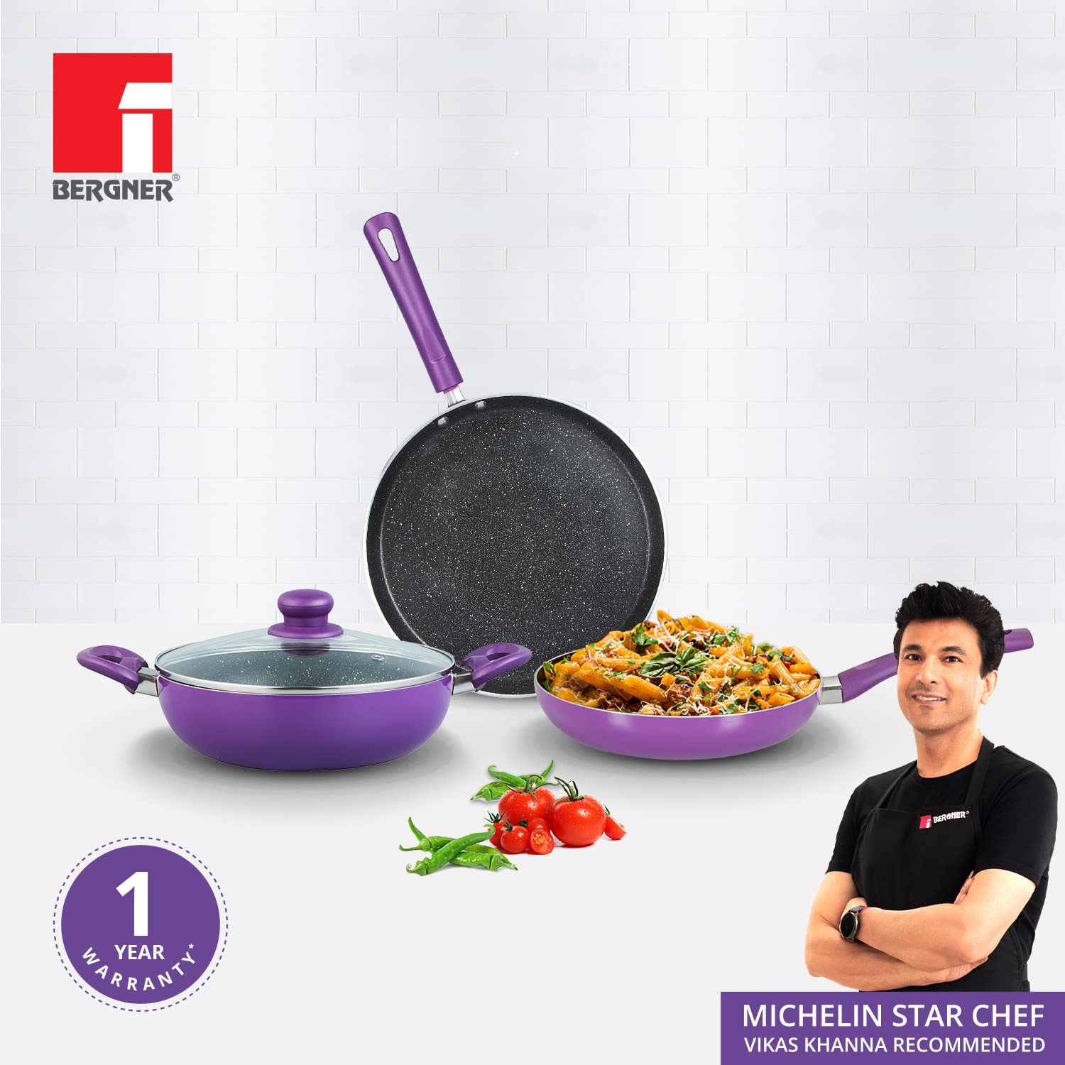 Bergner Albarino Non-Stick 4 Pcs Cookware Set - 24cm (2.5 L) Kadai with Glass Lid, 24cm Frypan and 28cm Tawa, Bakelite Handle, Minimal Oil Use - Induction Bottom (Purple)