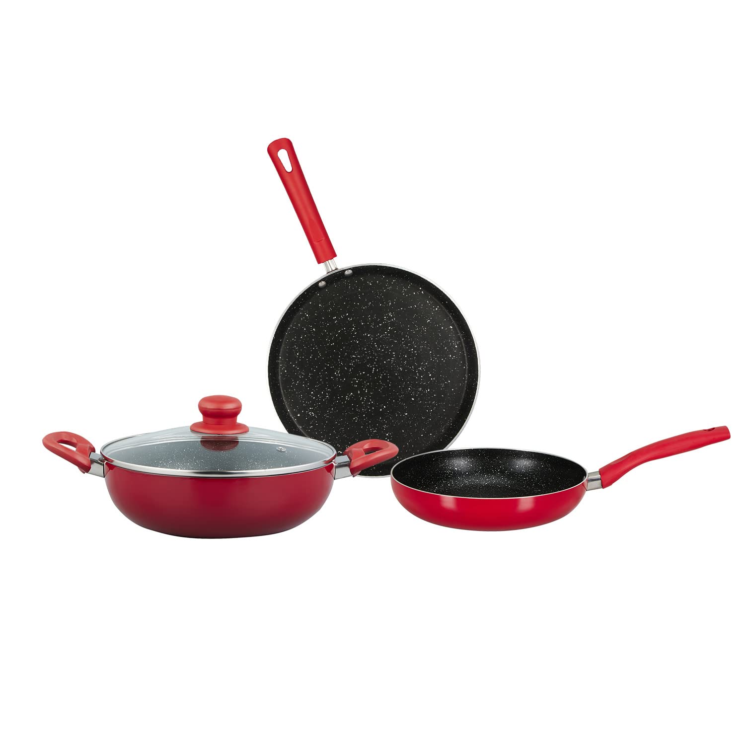 Bergner Ribera Non-Stick 4 Pcs Cookware Set - 24cm (2.5 L) Kadai with Glass Lid, 24cm Frypan and 28cm Tawa, Minimal Oil Use - Induction Bottom (Red)