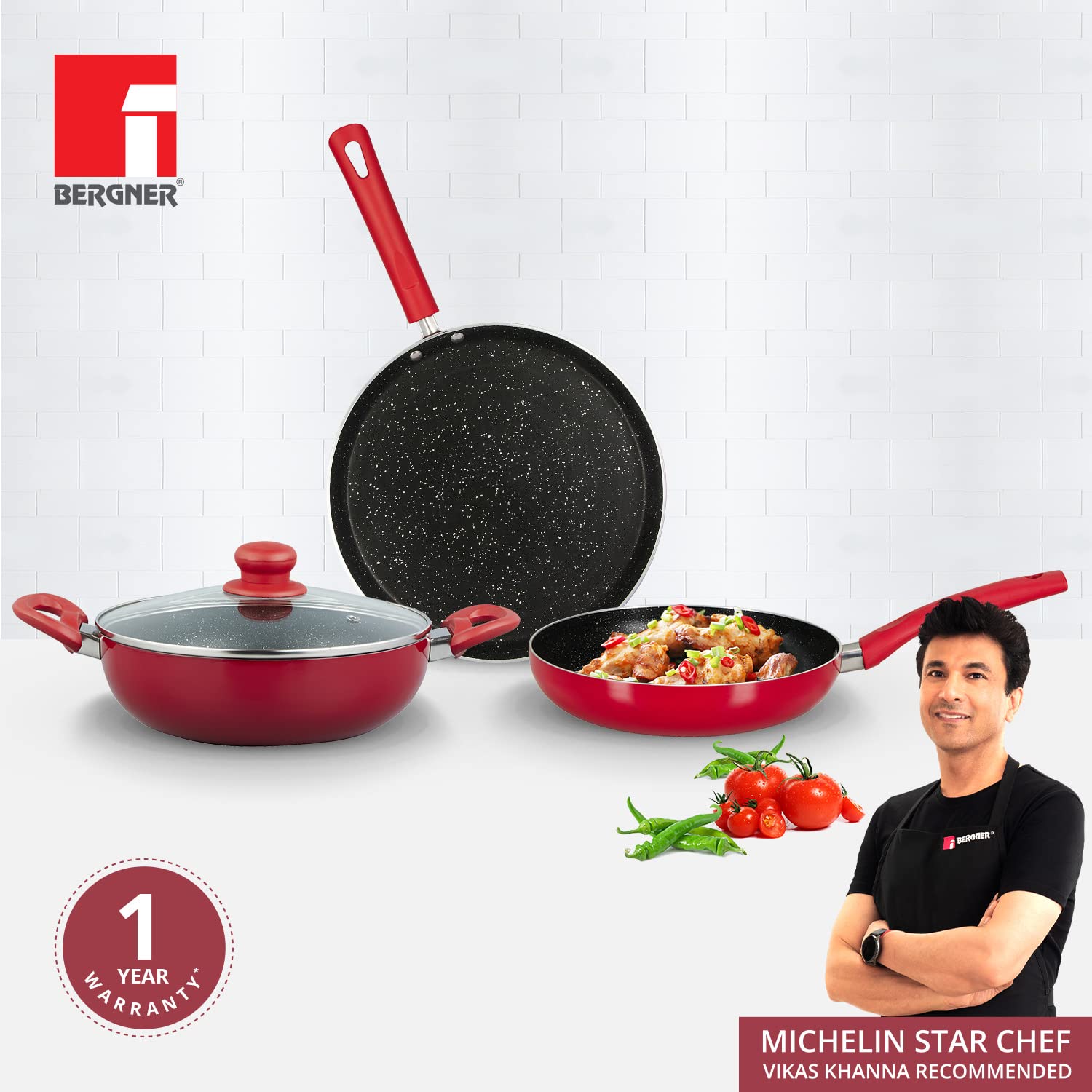 Bergner Ribera Non-Stick 4 Pcs Cookware Set - 24cm (2.5 L) Kadai with Glass Lid, 24cm Frypan and 28cm Tawa, Minimal Oil Use - Induction Bottom (Red)