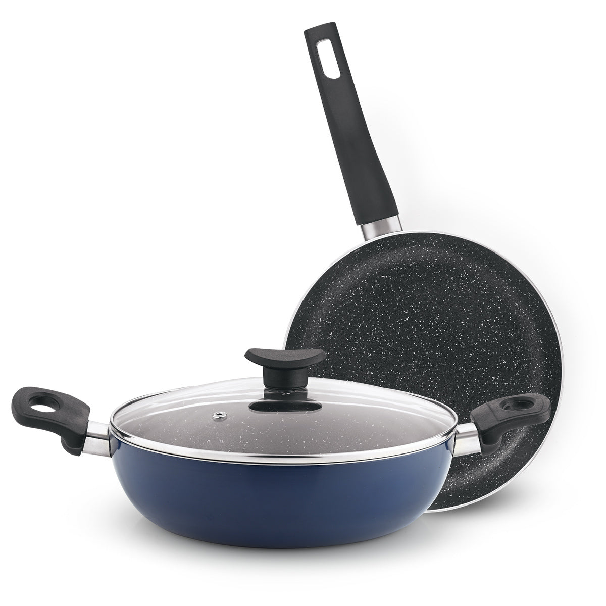 Bergner Aloe 3 Layer+ Non-Stick Coating 3 Pcs Cookware Set - 24cm (2.5 L) Kadai with Glass Lid and 24cm Frypan, Less Oil Use - Induction Bottom