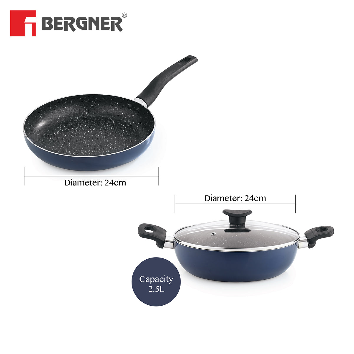 Bergner Aloe 3 Layer+ Non-Stick Coating 3 Pcs Cookware Set - 24cm (2.5 L) Kadai with Glass Lid and 24cm Frypan, Less Oil Use - Induction Bottom