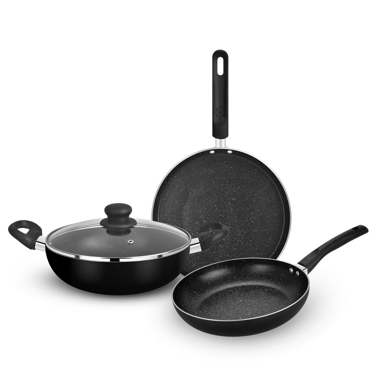 Bergner Stone Plus Non-Stick 4 Pcs Cookware Set - 24cm (2.5 L) Kadai with Glass Lid, 24cm Frypan and 28cm Tawa, Less Oil Use - Induction Bottom