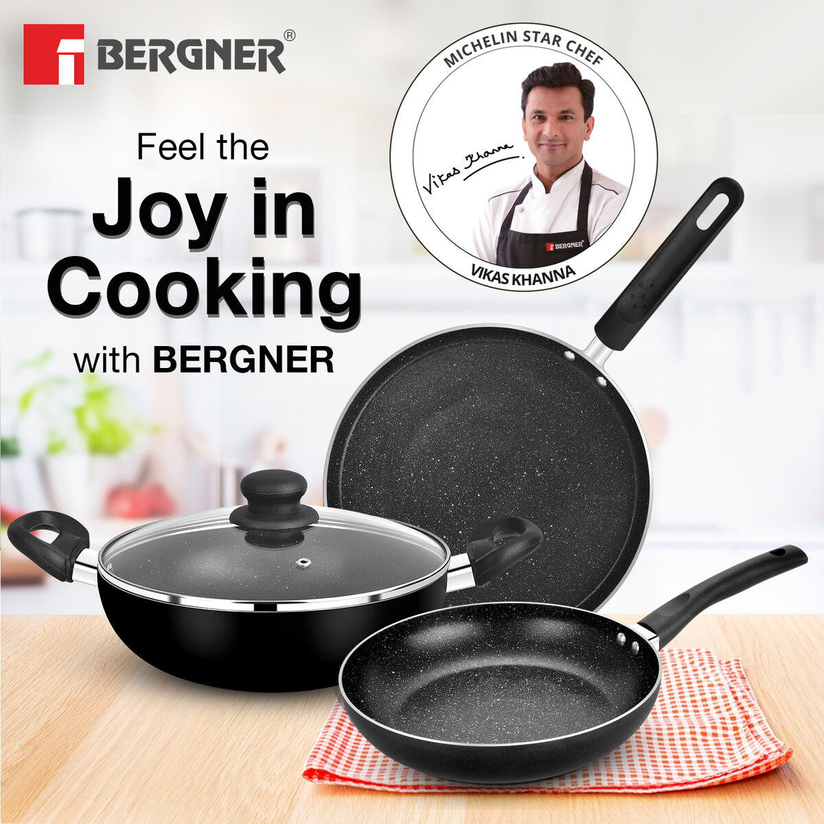 Bergner Stone Plus Non-Stick 4 Pcs Cookware Set - 24cm (2.5 L) Kadai with Glass Lid, 24cm Frypan and 28cm Tawa, Less Oil Use - Induction Bottom