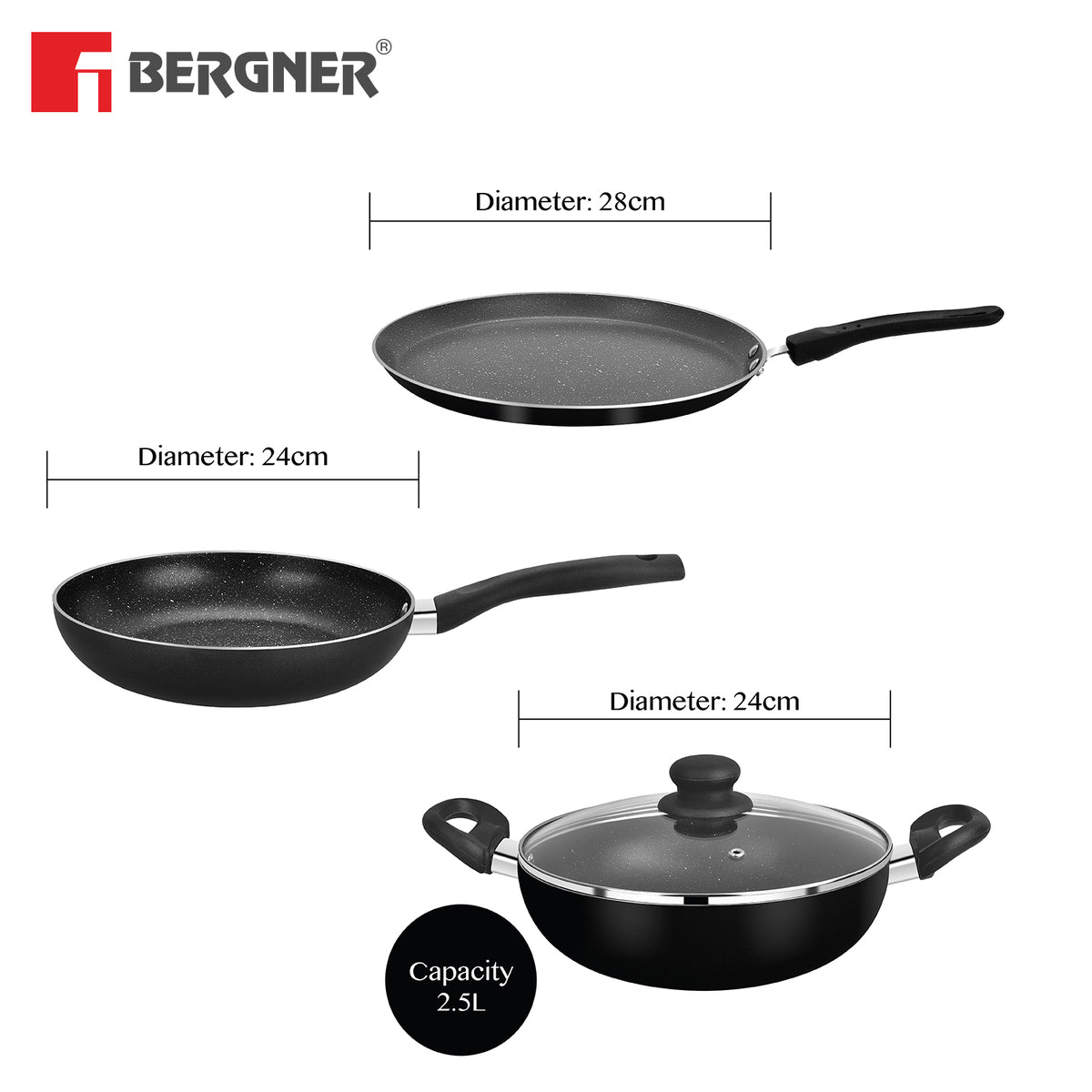 Bergner Stone Plus Non-Stick 4 Pcs Cookware Set - 24cm (2.5 L) Kadai with Glass Lid, 24cm Frypan and 28cm Tawa, Less Oil Use - Induction Bottom