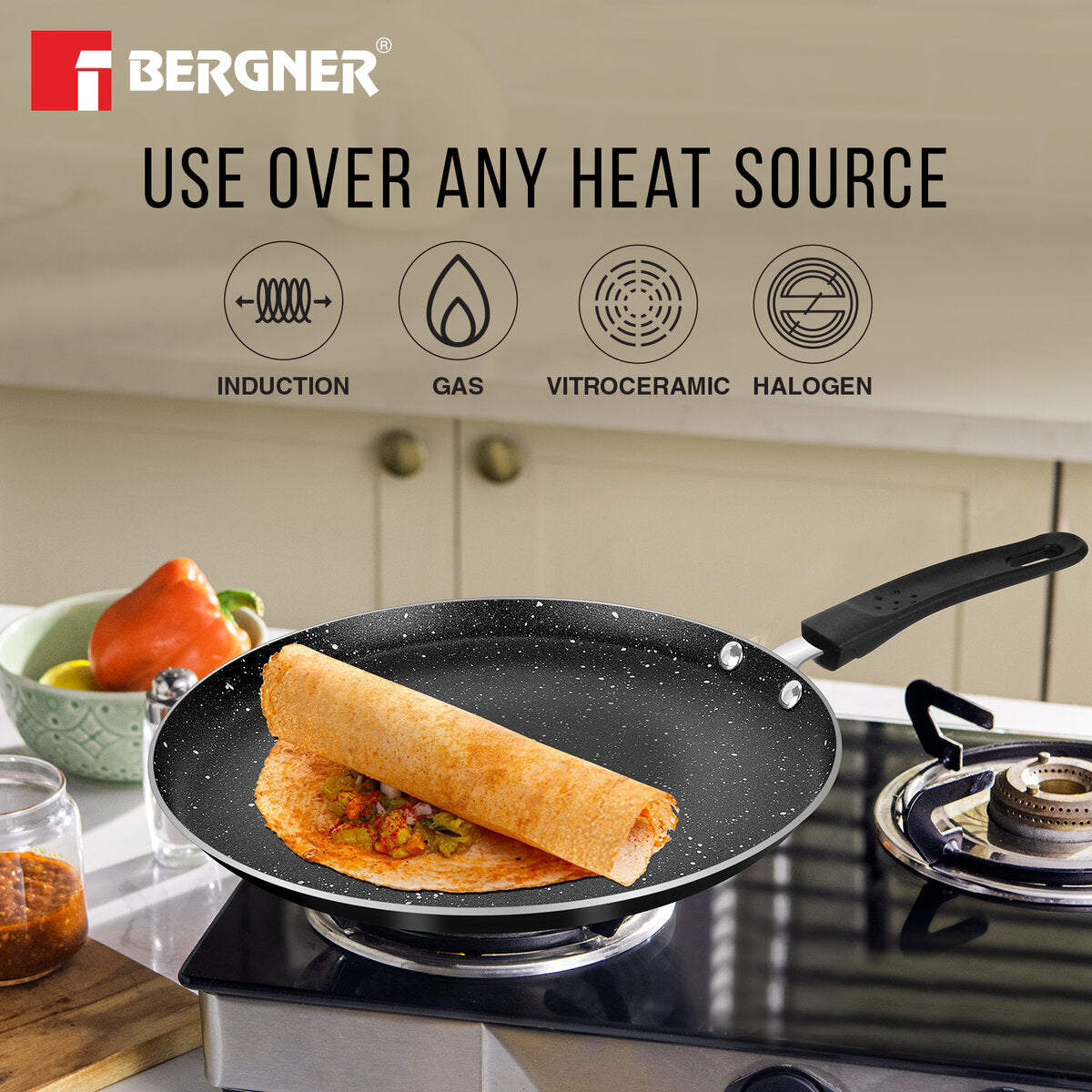 Bergner Stone Plus Non-Stick 4 Pcs Cookware Set - 24cm (2.5 L) Kadai with Glass Lid, 24cm Frypan and 28cm Tawa, Less Oil Use - Induction Bottom