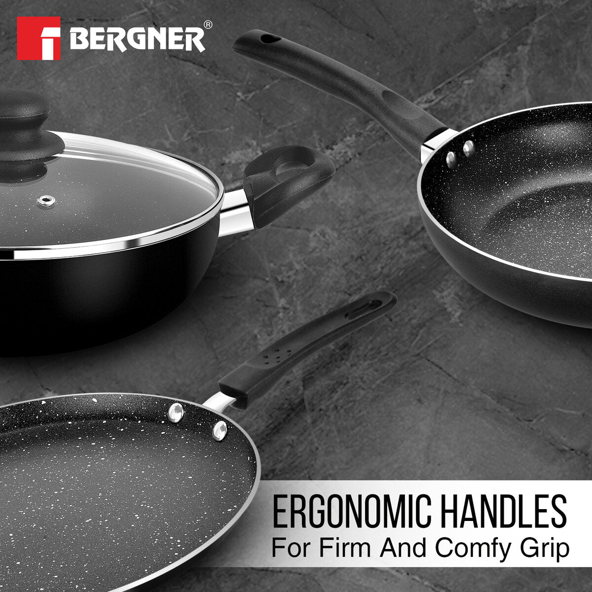 Bergner Stone Plus Non-Stick 4 Pcs Cookware Set - 24cm (2.5 L) Kadai with Glass Lid, 24cm Frypan and 28cm Tawa, Less Oil Use - Induction Bottom