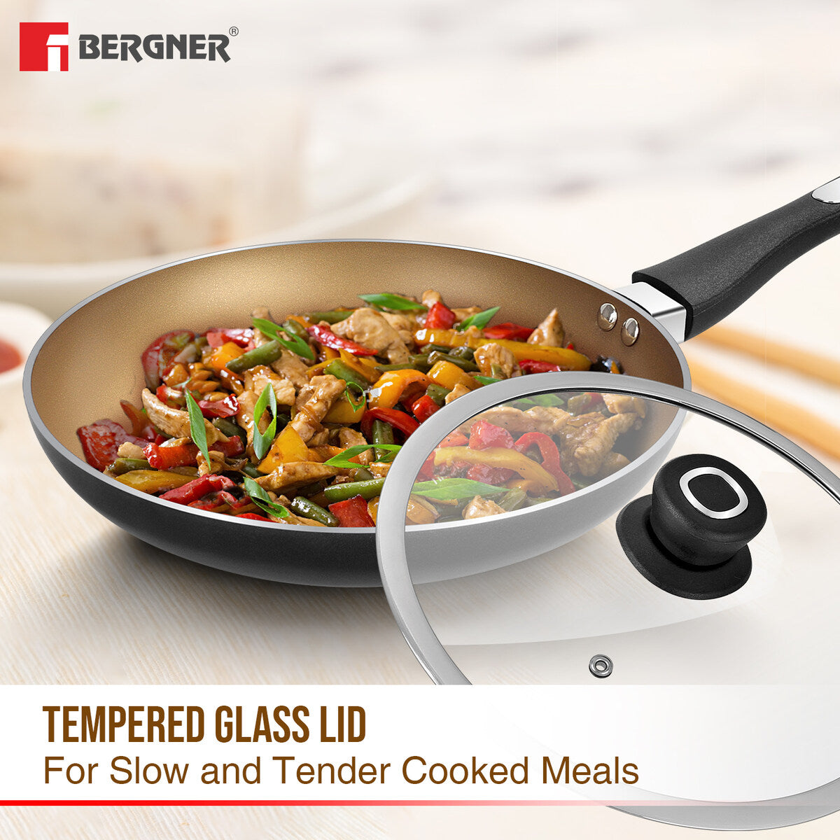 Bergner Optimum 3-Layer Non-Stick 5 Pcs Cookware Set - 28cm Tawa, 18cm Frypan, 24cm Frypan, 24cm (2.5 L) Kadai, 24cm Common Glass Lid for Frypan & Kadai - Induction Bottom (Black)