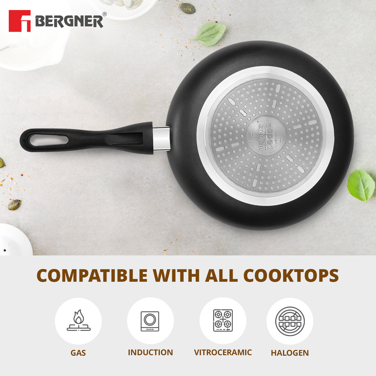 Bergner Optimum 3-Layer Non-Stick 5 Pcs Cookware Set - 28cm Tawa, 18cm Frypan, 24cm Frypan, 24cm (2.5 L) Kadai, 24cm Common Glass Lid for Frypan & Kadai - Induction Bottom (Black)