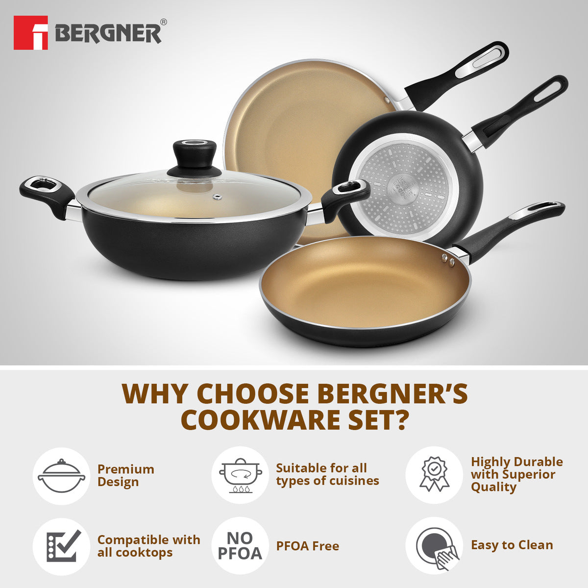 Bergner Optimum 3-Layer Non-Stick 5 Pcs Cookware Set - 28cm Tawa, 18cm Frypan, 24cm Frypan, 24cm (2.5 L) Kadai, 24cm Common Glass Lid for Frypan & Kadai - Induction Bottom (Black)