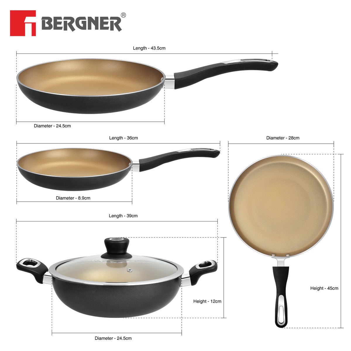 Bergner Optimum 3-Layer Non-Stick 5 Pcs Cookware Set - 28cm Tawa, 18cm Frypan, 24cm Frypan, 24cm (2.5 L) Kadai, 24cm Common Glass Lid for Frypan & Kadai - Induction Bottom (Black)