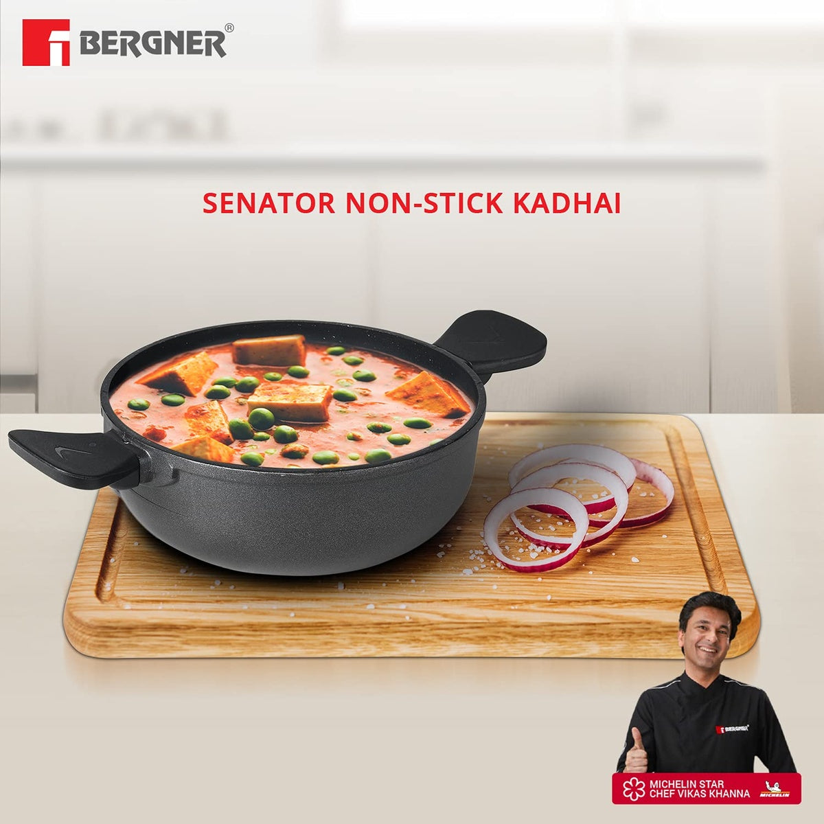 Bergner Senator Die-Cast Non-Stick Kadai With Glass Lid, Minimal Oil Use for Healthy Cooking - Induction Bottom