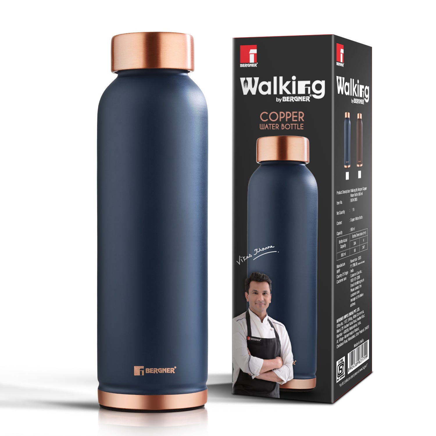 Walking Pure Copper Water Bottle 950ml | Non-Toxic Leak Resistant-Navy Blue