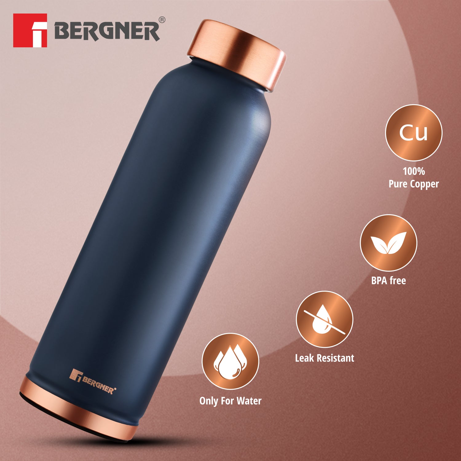 Walking Pure Copper Water Bottle 950ml | Non-Toxic Leak Resistant-Navy Blue