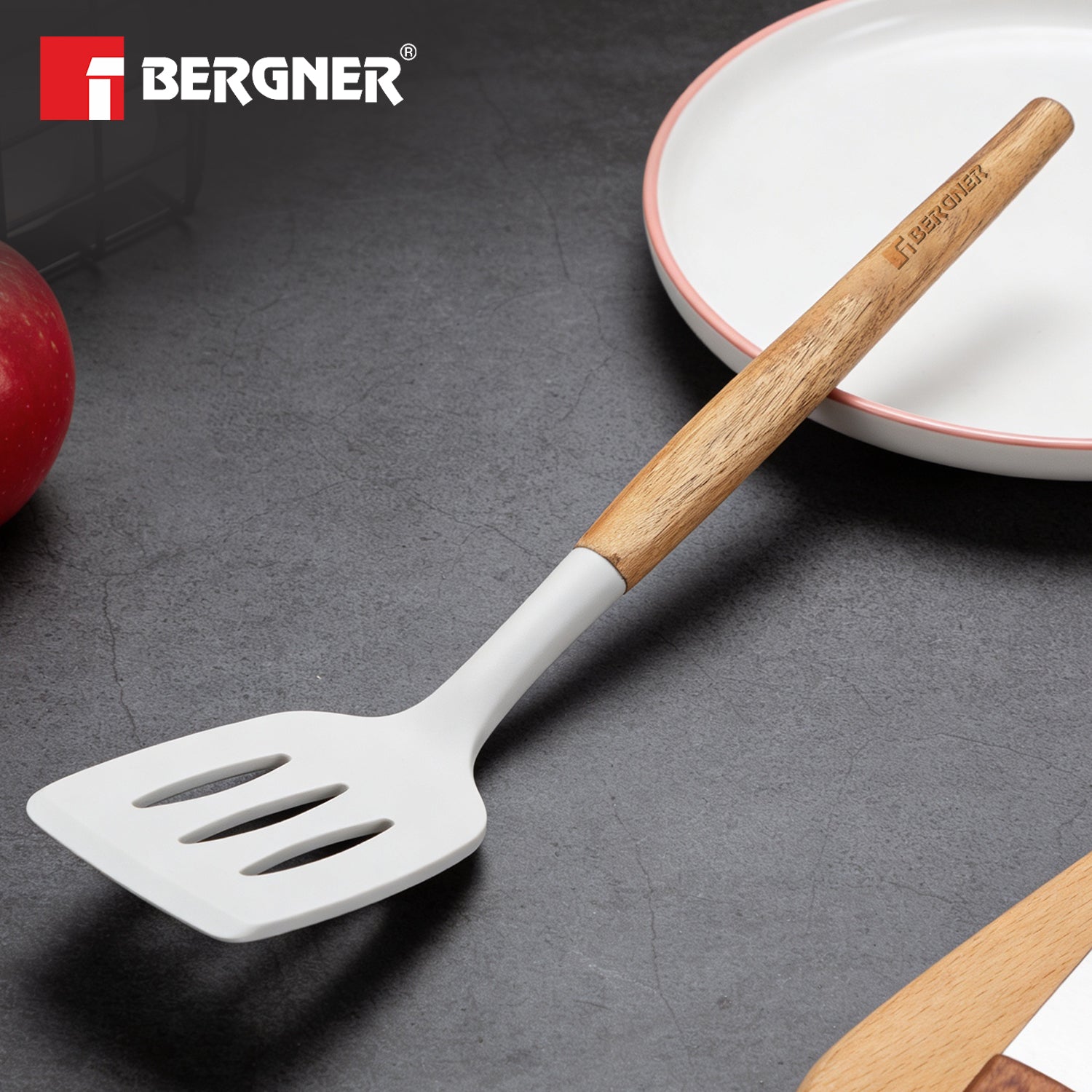 Naturally Silicone Slotted Turner 33cm with Wooden Handle