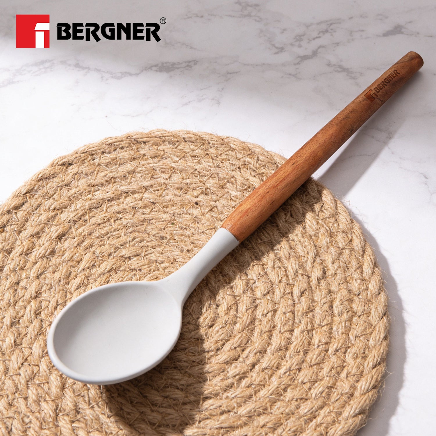 Naturally Silicone Solid Spoon 32cm with Wooden Handle