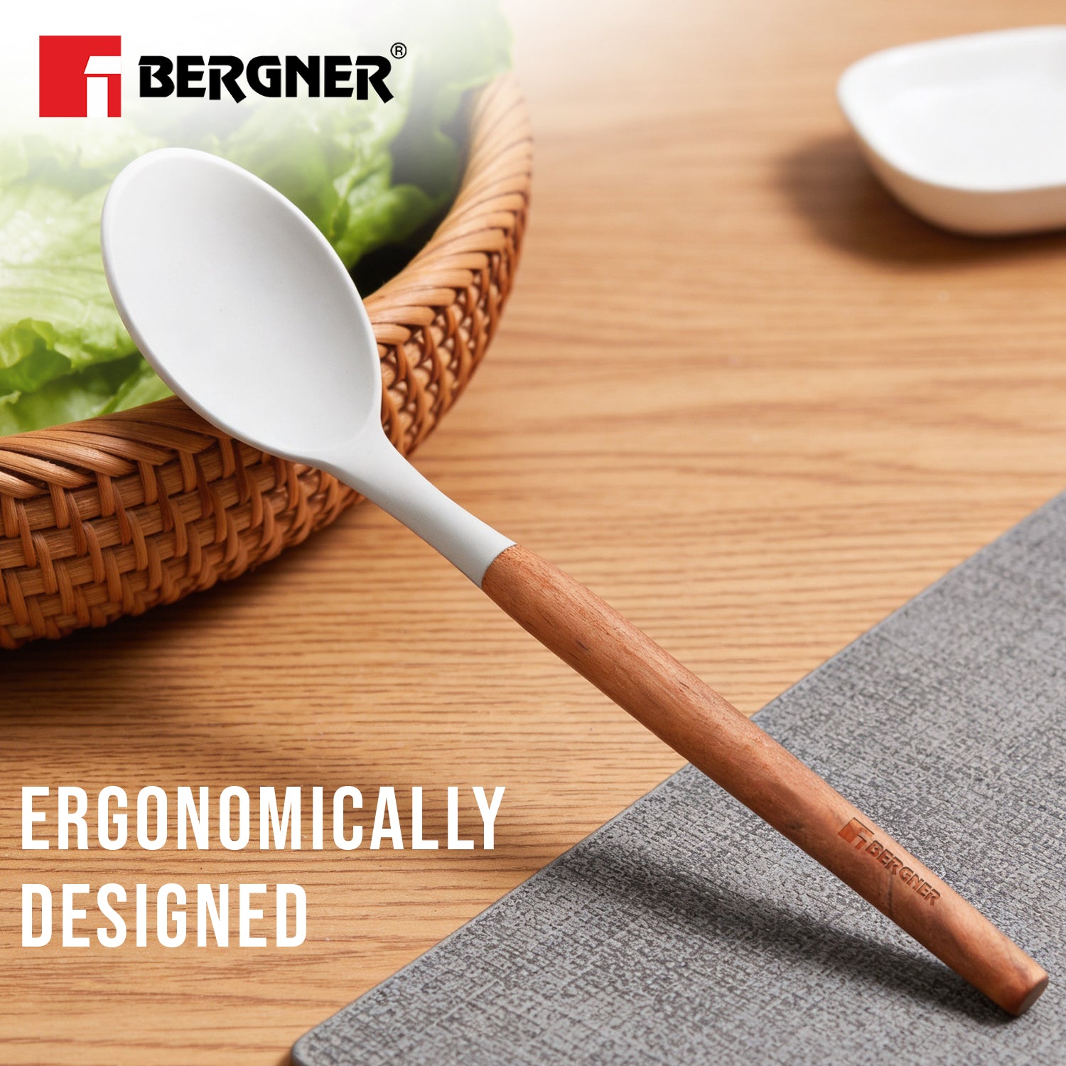 Naturally Silicone Solid Spoon 32cm with Wooden Handle