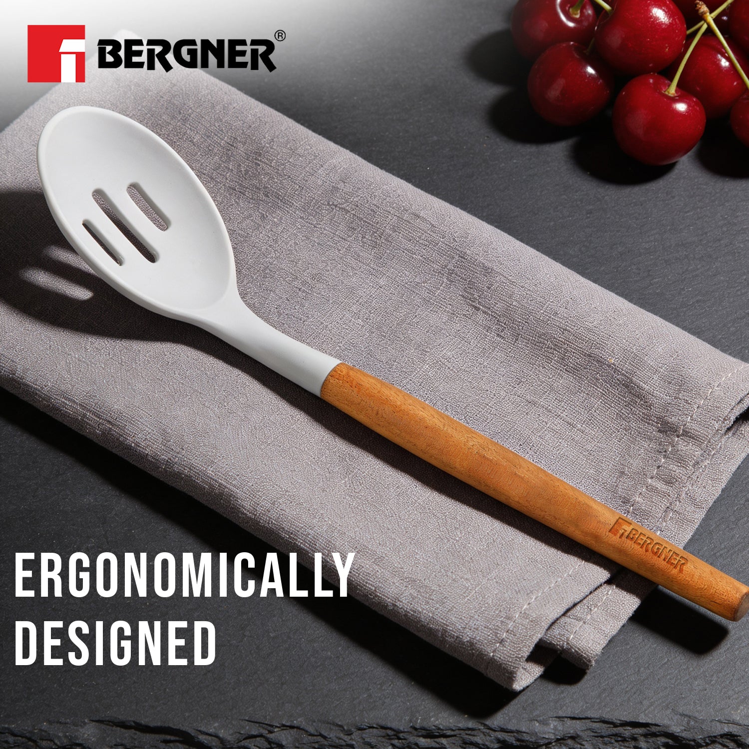 Naturally Silicone Slotted Spoon 32cm with Wooden Handle