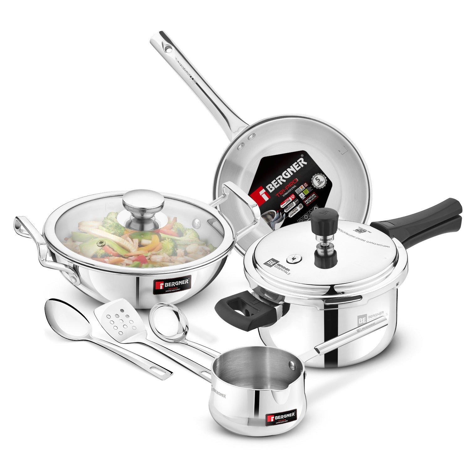 Bergner BE Essentials Tri-Pro Tri-Smart Induction Bottom 8 Pcs Gift Set - 3L Outer Lid Pressure Cooker, 22cm Kadai, 22cm Frypan with Common Glass Lid, 12cm Coffee Warmer, Ladle, Serving Spoon, Turner