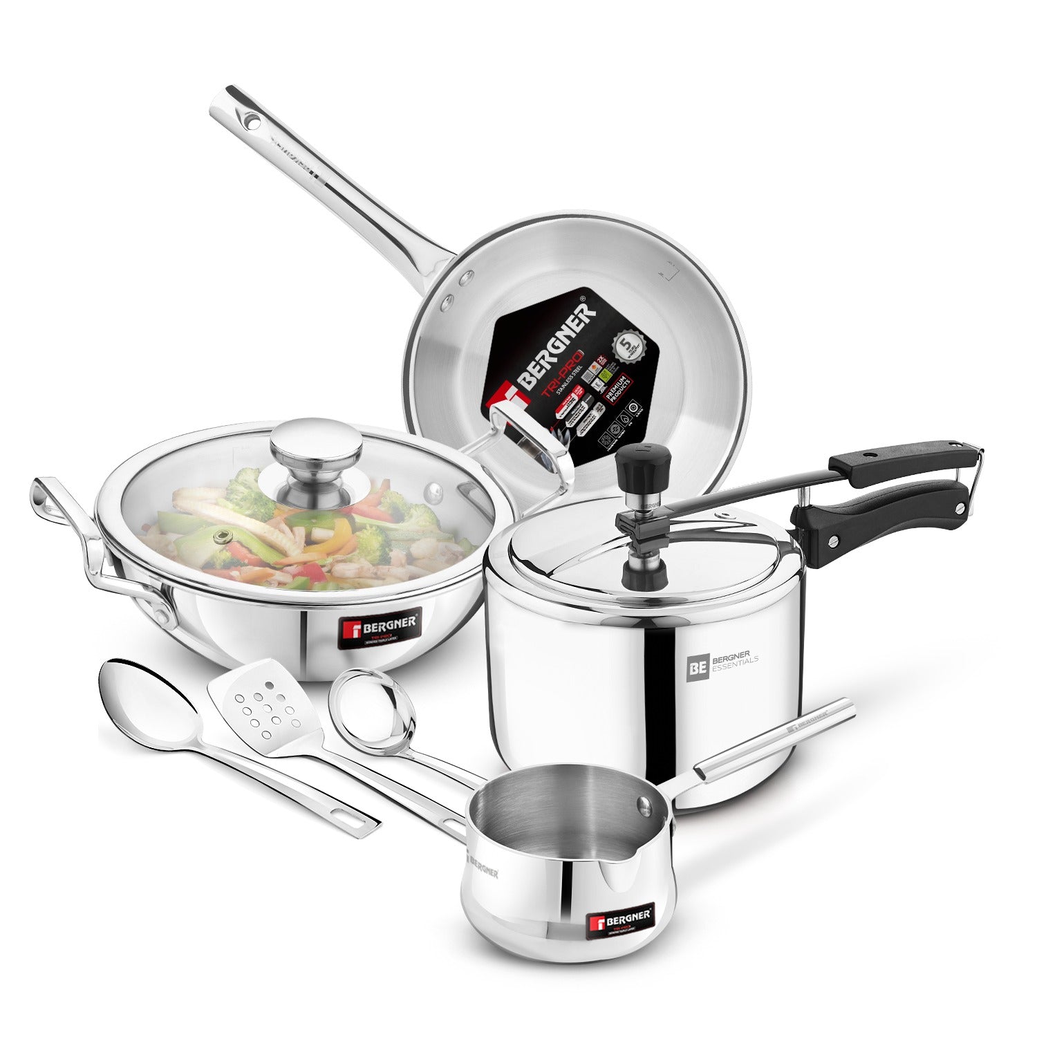 Bergner BE Essentials Tri-Pro Tri-Smart Induction Bottom 8 Pcs Gift Set - 3L Inner Lid Pressure Cooker, 22cm Kadai, 22cm Frypan with Common Glass Lid, 12cm Coffee Warmer, Ladle, Serving Spoon, Turner