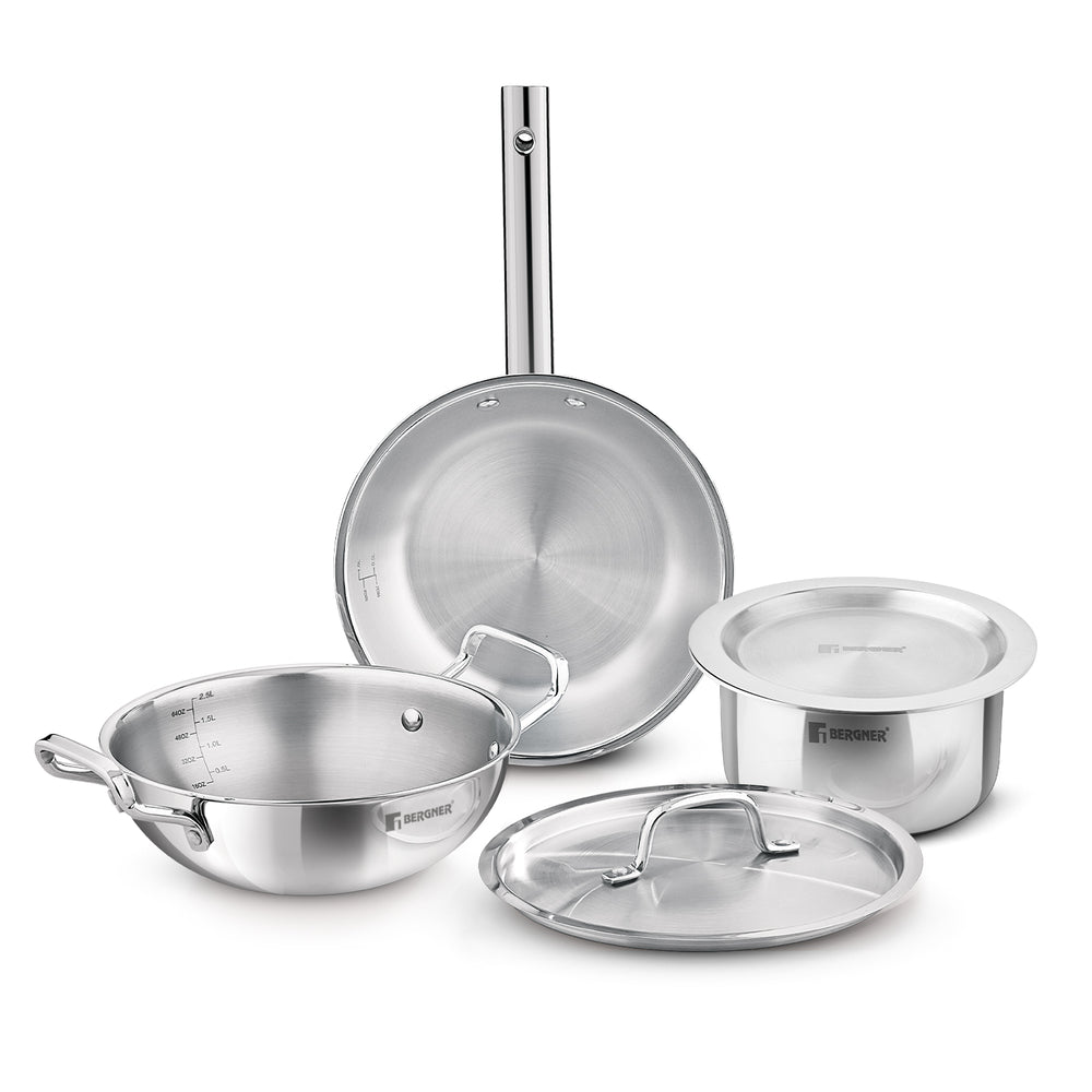 Bergner TriPro TriPly Stainless Steel Cook Serve N Keep 5 Pcs Cookware Set - 24cm (3L) Kadai with Lid, 22cm (1.5L) Frypan, 16cm (2L) Tope with Lid - Induction Bottom