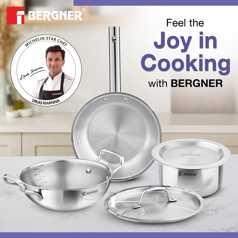 Bergner TriPro TriPly Stainless Steel Cook Serve N Keep 5 Pcs Cookware Set - 24cm (3L) Kadai with Lid, 22cm (1.5L) Frypan, 16cm (2L) Tope with Lid - Induction Bottom