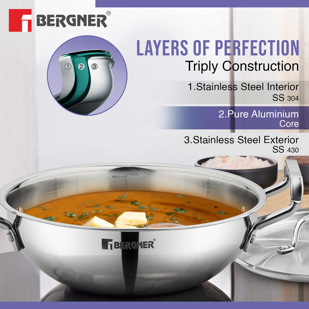 Bergner TriPro TriPly Stainless Steel Cook Serve N Keep 5 Pcs Cookware Set - 24cm (3L) Kadai with Lid, 22cm (1.5L) Frypan, 16cm (2L) Tope with Lid - Induction Bottom