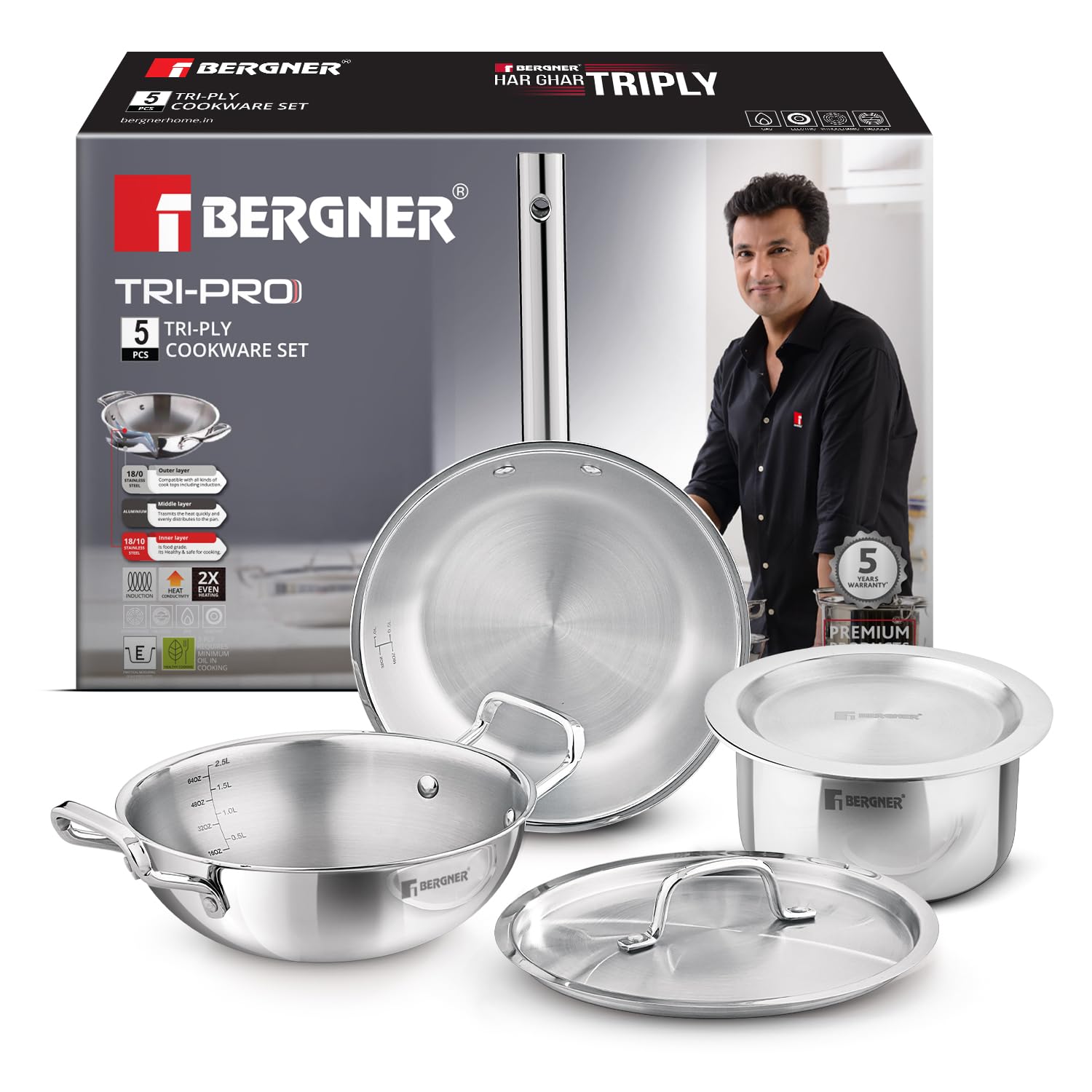 TriPro TriPly Stainless Steel Cook Serve N Keep 5 Pcs Cookware Set