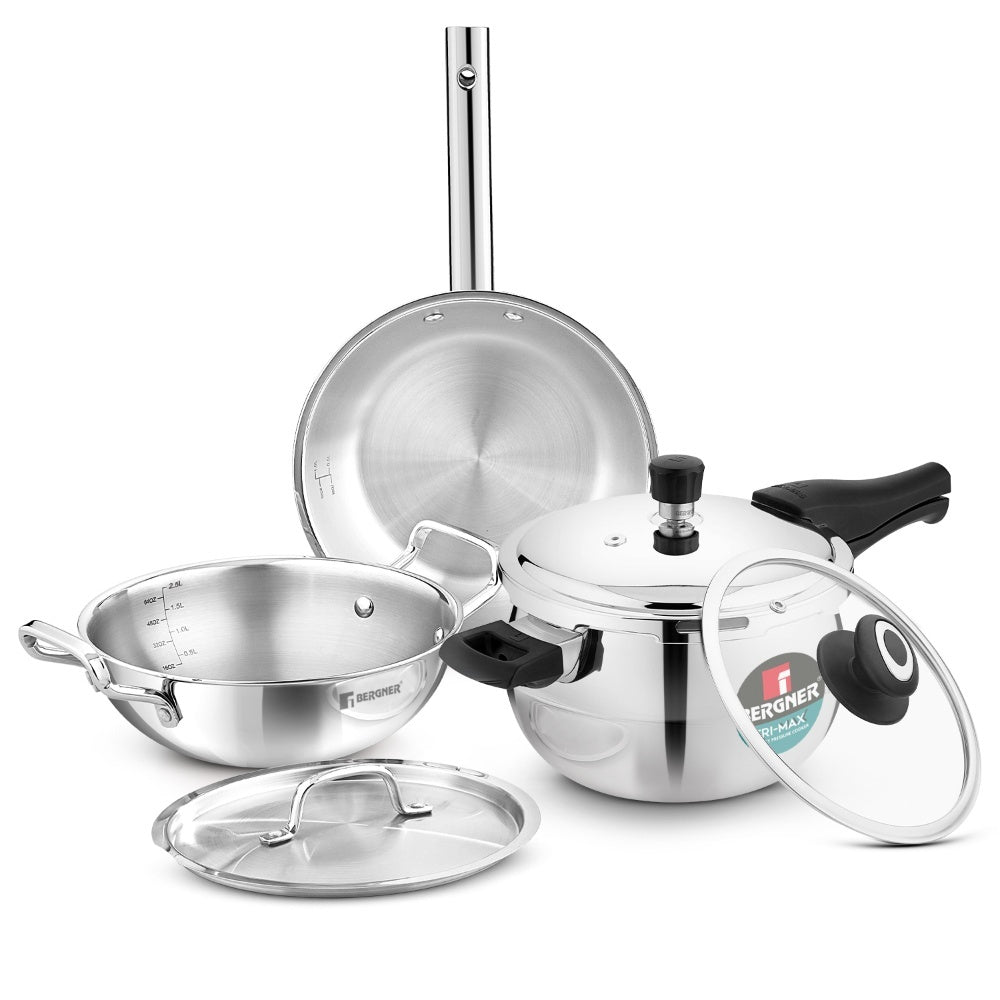 TriPro 5 Pcs Tri-Ply Stainless Steel Cookware Combo - Induction Bottom